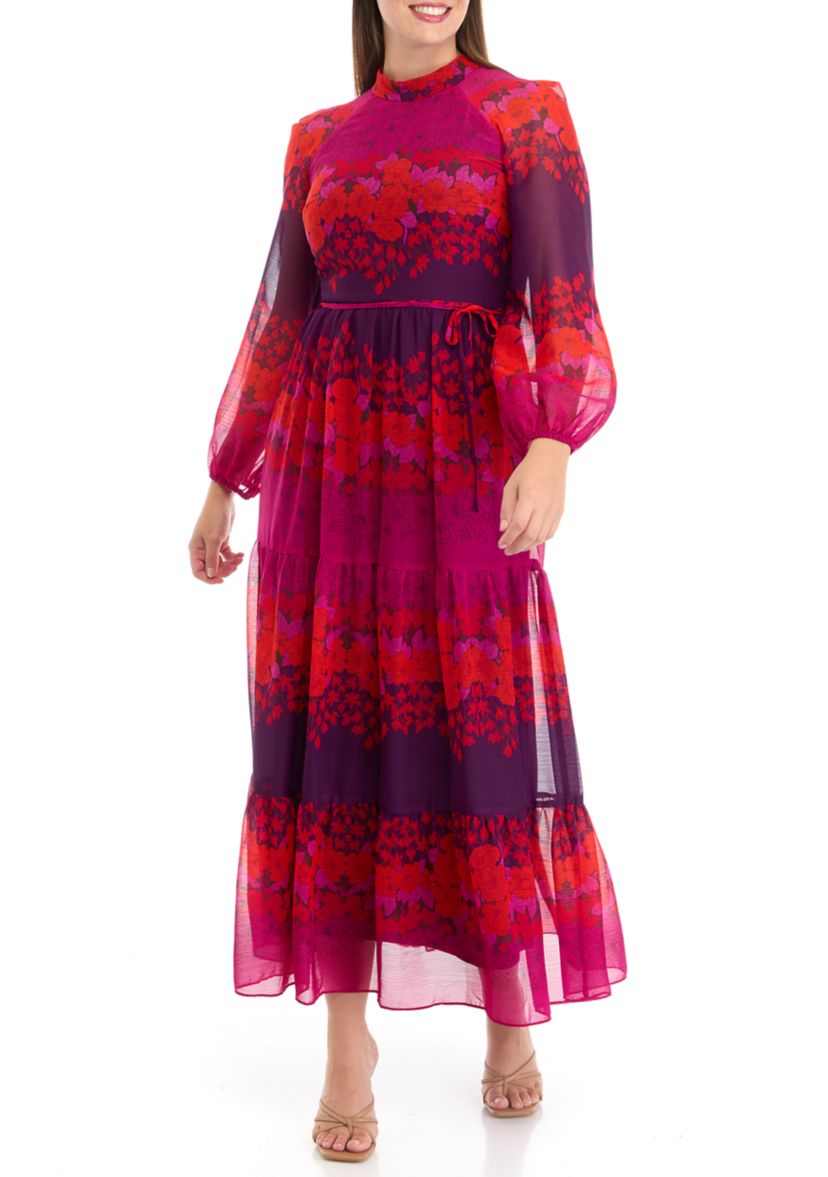 Womens Long Sleeve Mock Neck Printed Chiffon Fit and Flare Dress