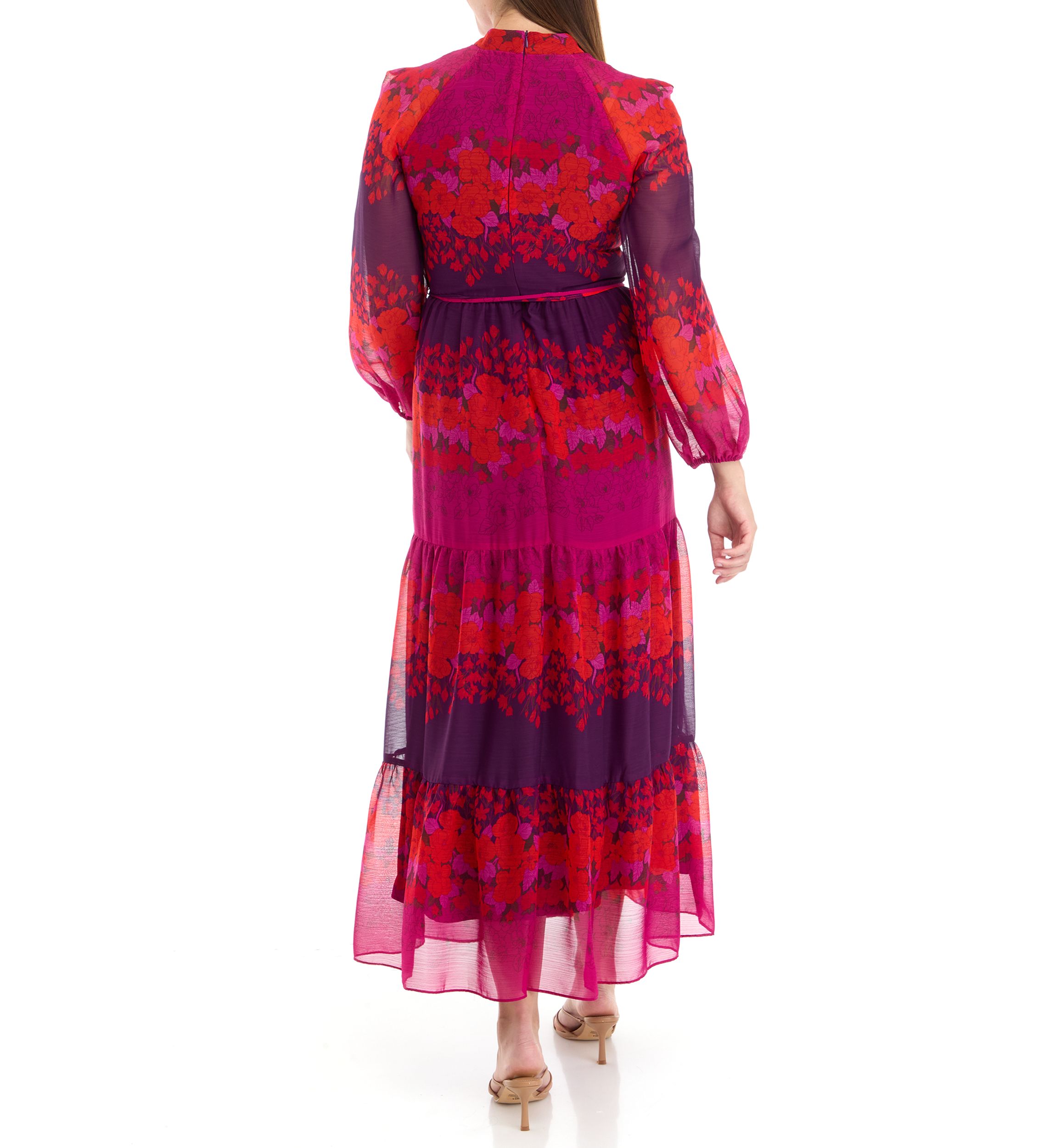 Womens Long Sleeve Mock Neck Printed Chiffon Fit and Flare Dress