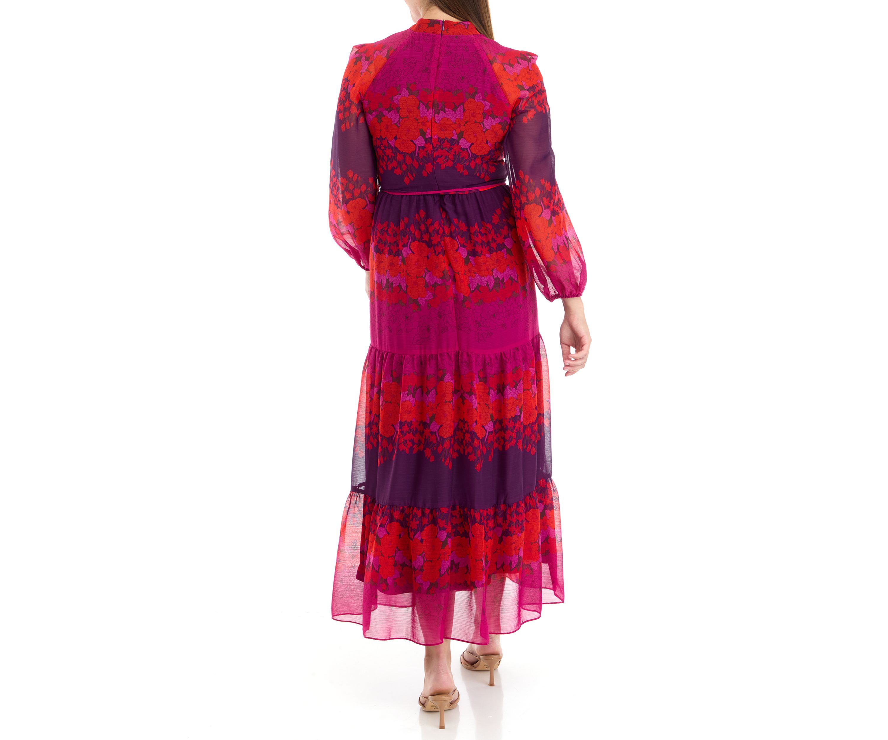 Womens Long Sleeve Mock Neck Printed Chiffon Fit and Flare Dress