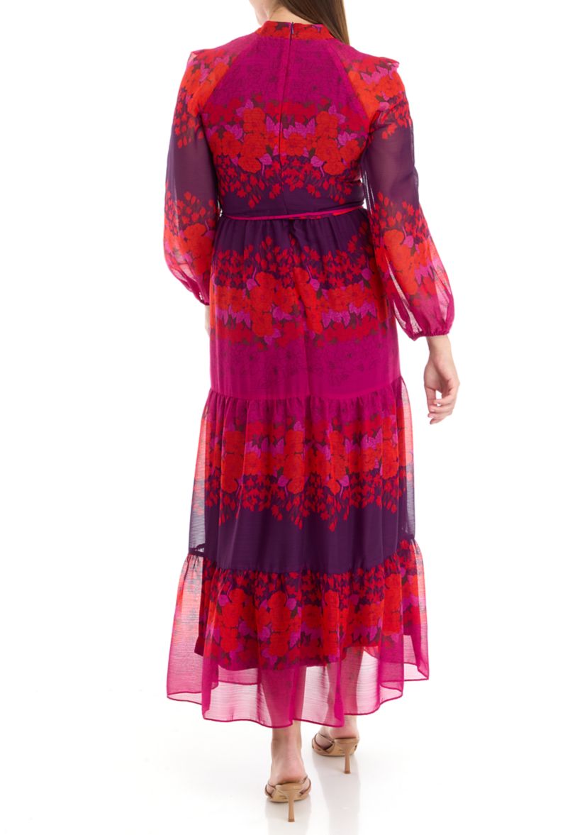 Womens Long Sleeve Mock Neck Printed Chiffon Fit and Flare Dress
