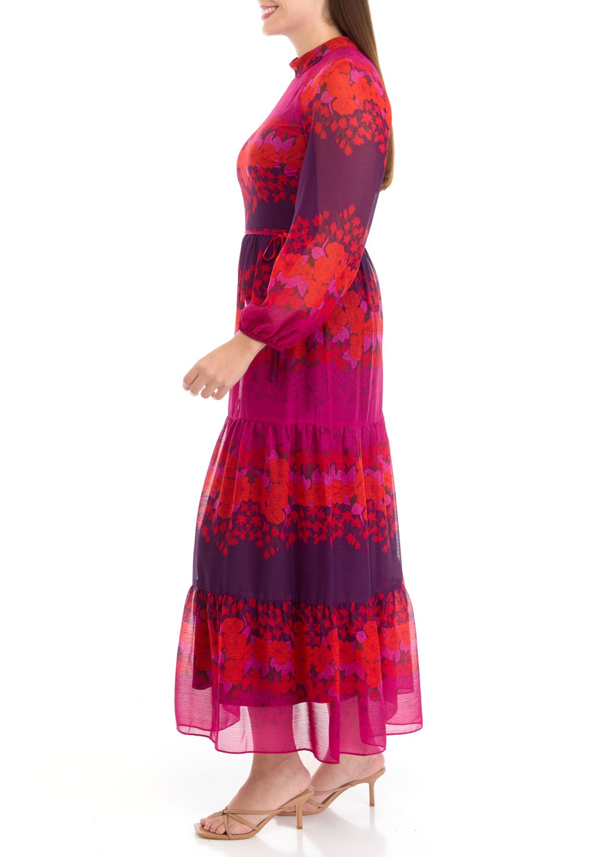 Womens Long Sleeve Mock Neck Printed Chiffon Fit and Flare Dress