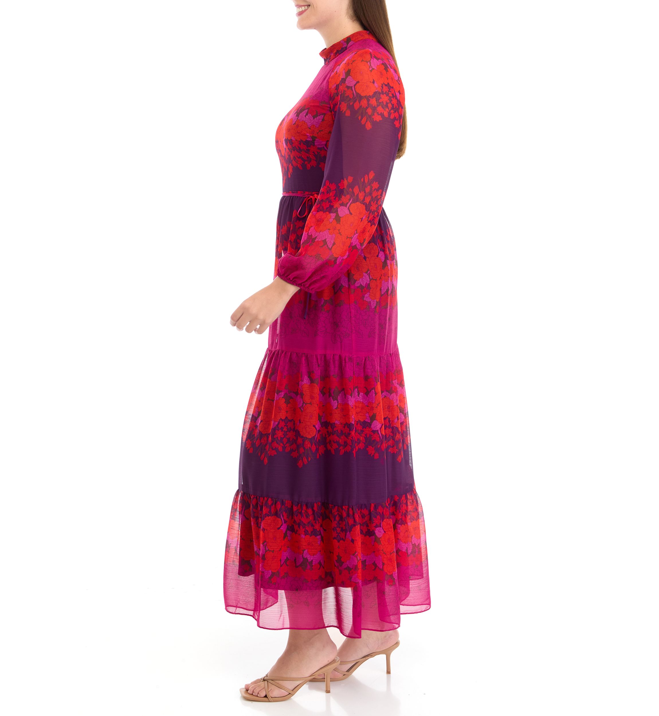 Womens Long Sleeve Mock Neck Printed Chiffon Fit and Flare Dress