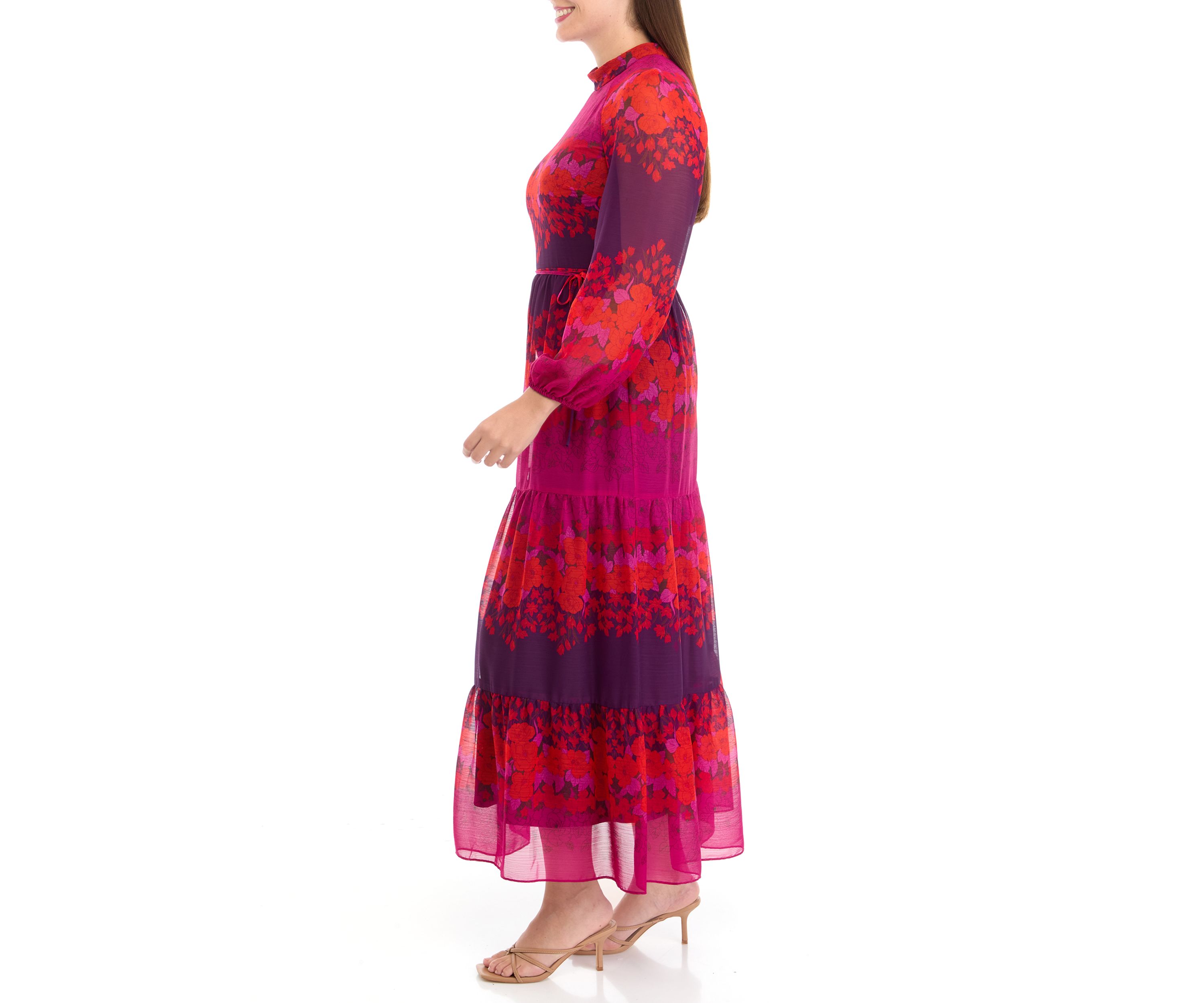 Womens Long Sleeve Mock Neck Printed Chiffon Fit and Flare Dress