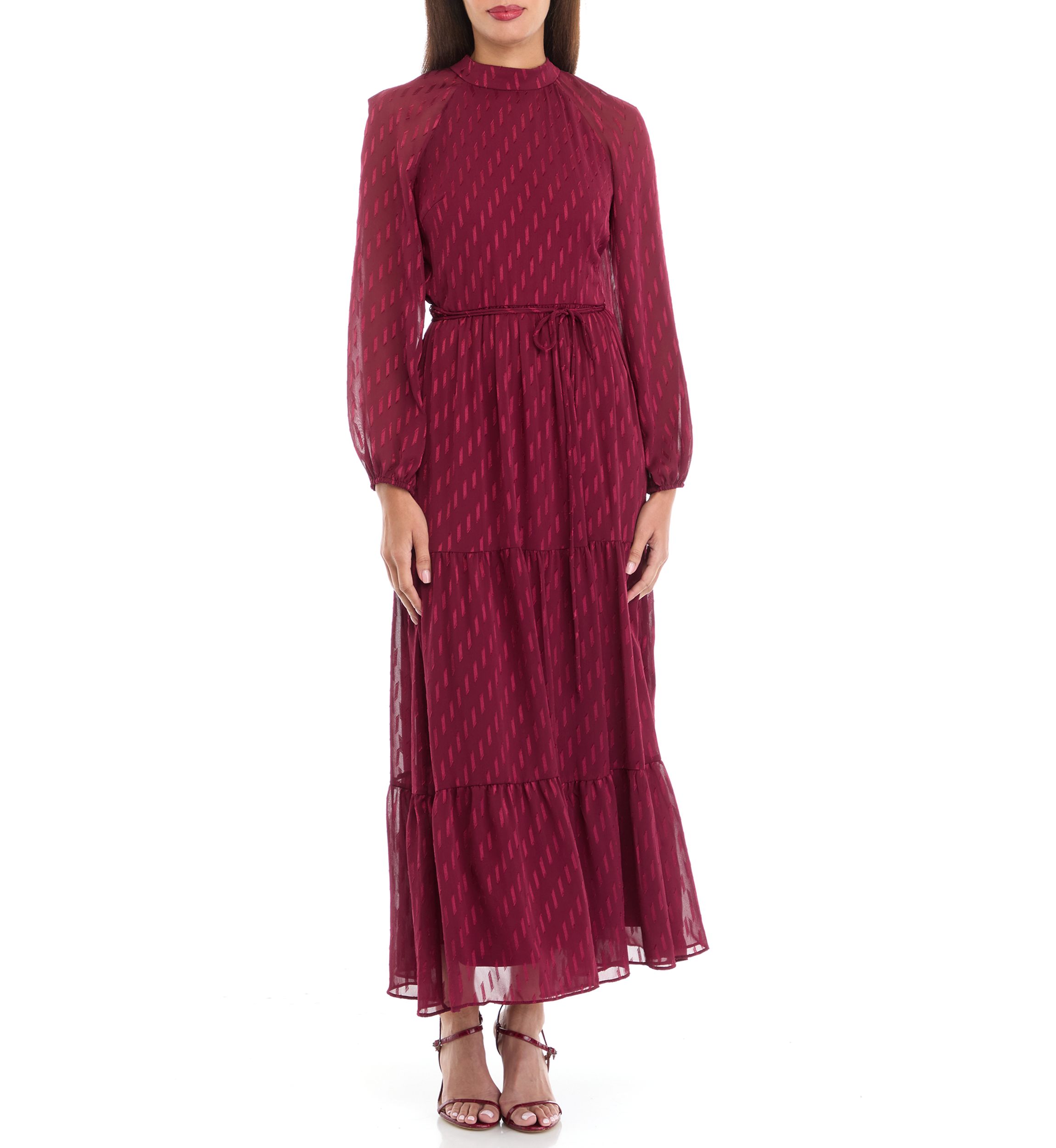 Womens Mock Neck Solid Chiffon Fit and Flare Dress