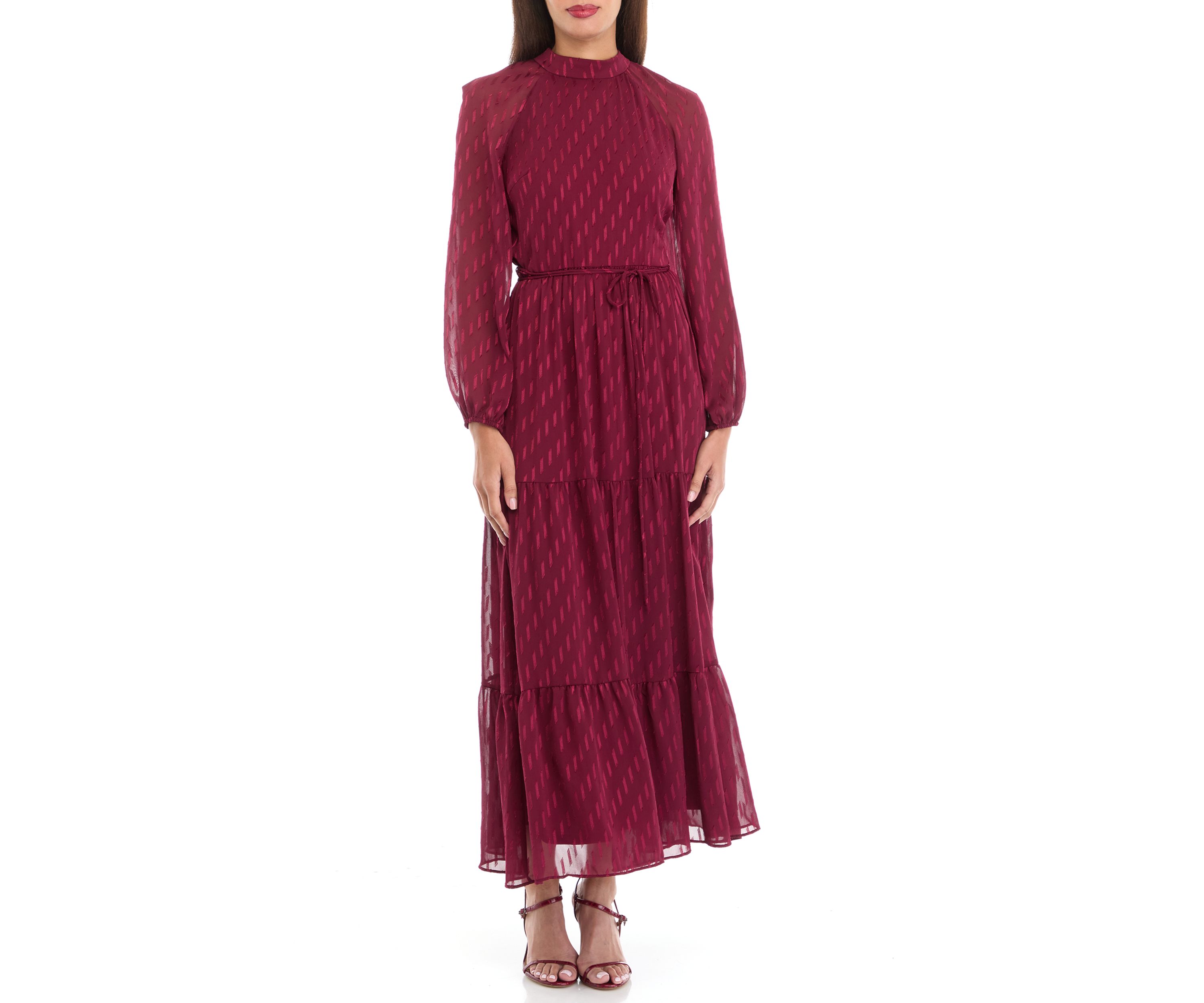 Womens Mock Neck Solid Chiffon Fit and Flare Dress
