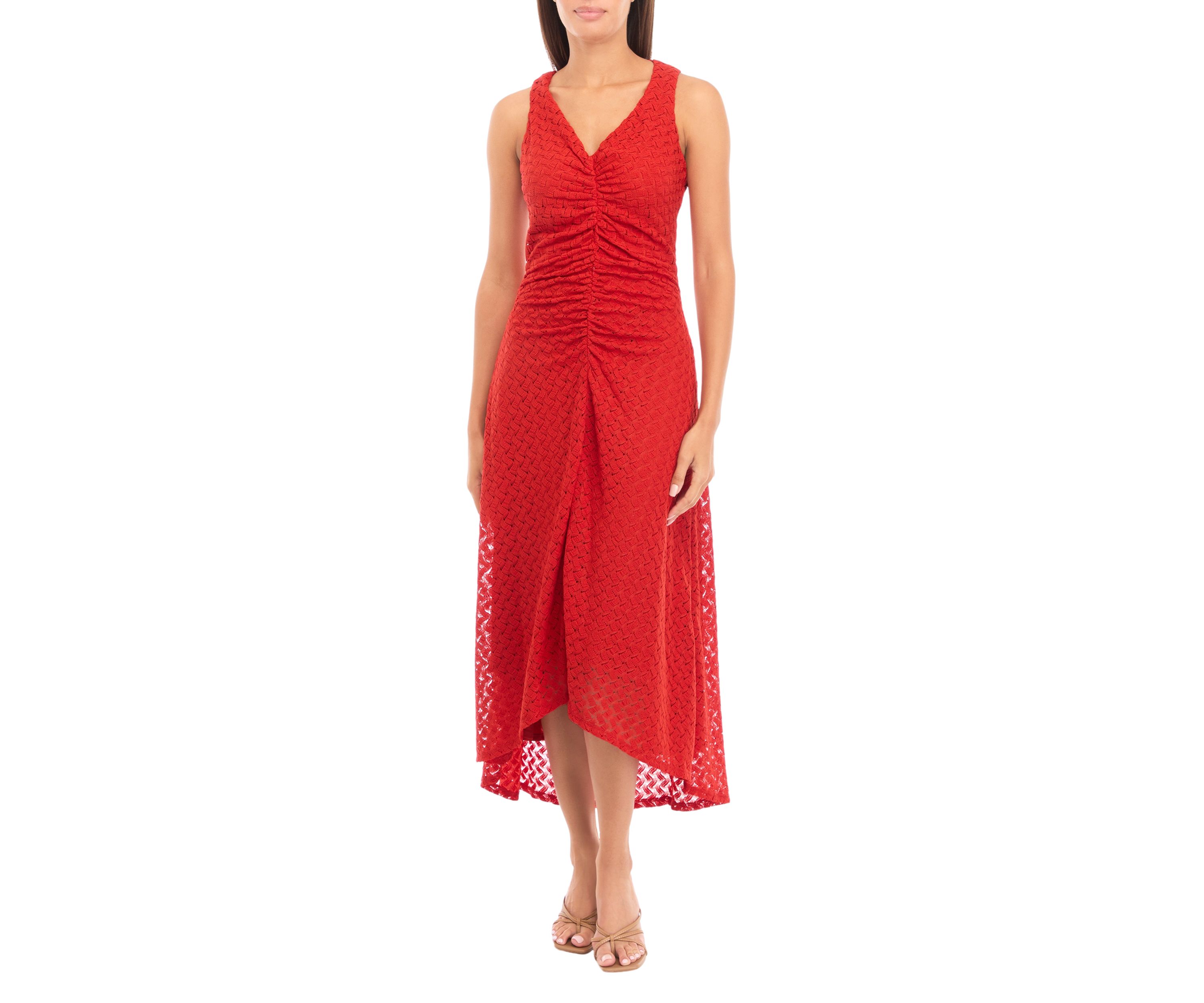 Womens Sleeveless Ruched Crochet Lace A-Line Dress