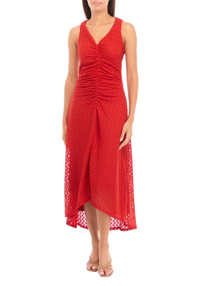 Womens Sleeveless Ruched Crochet Lace A-Line Dress