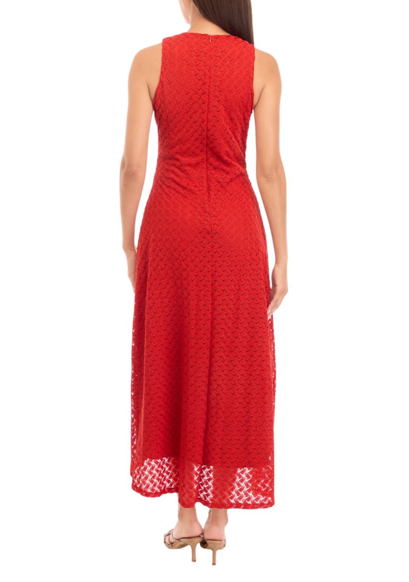 Womens Sleeveless Ruched Crochet Lace A-Line Dress
