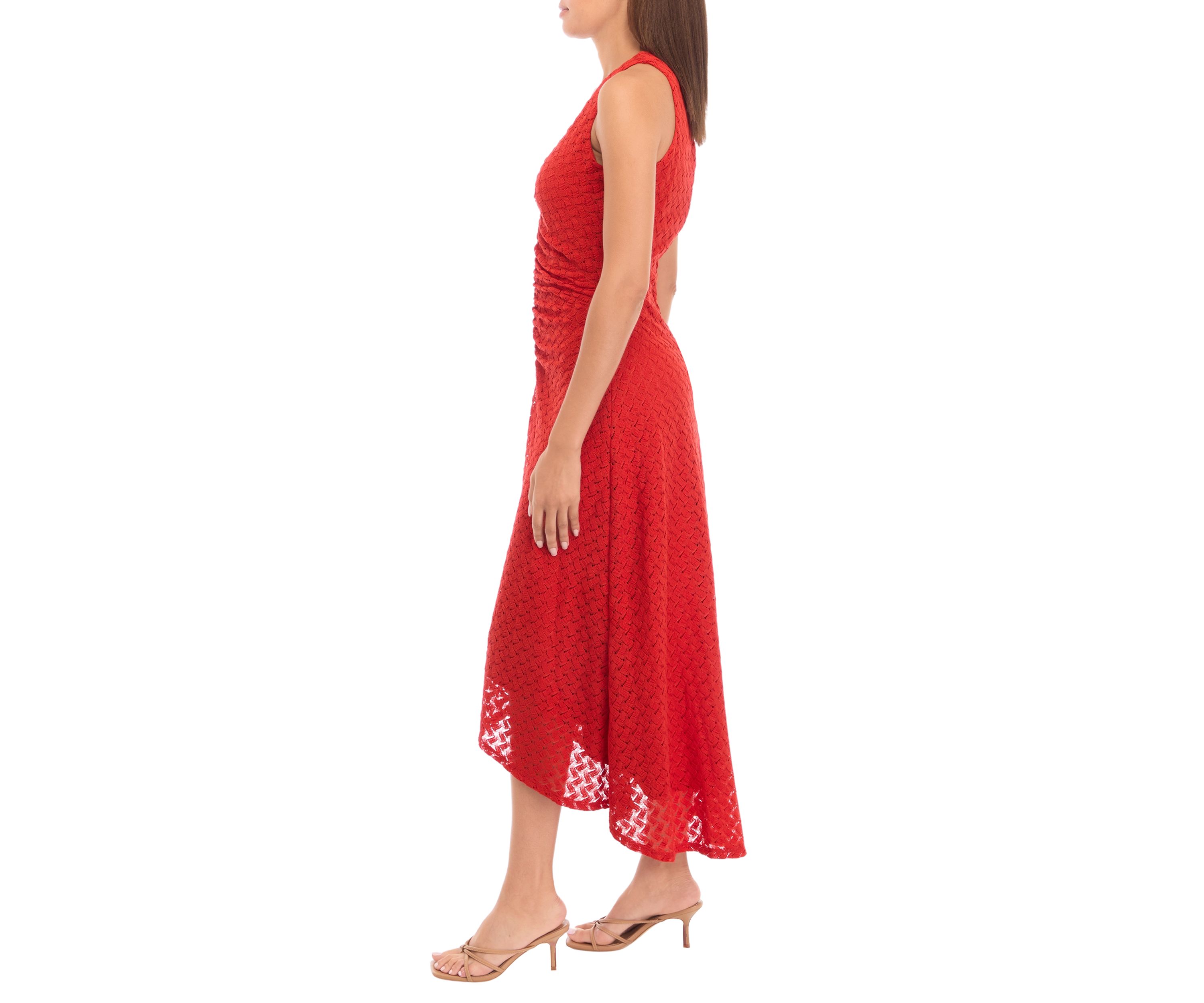Womens Sleeveless Ruched Crochet Lace A-Line Dress