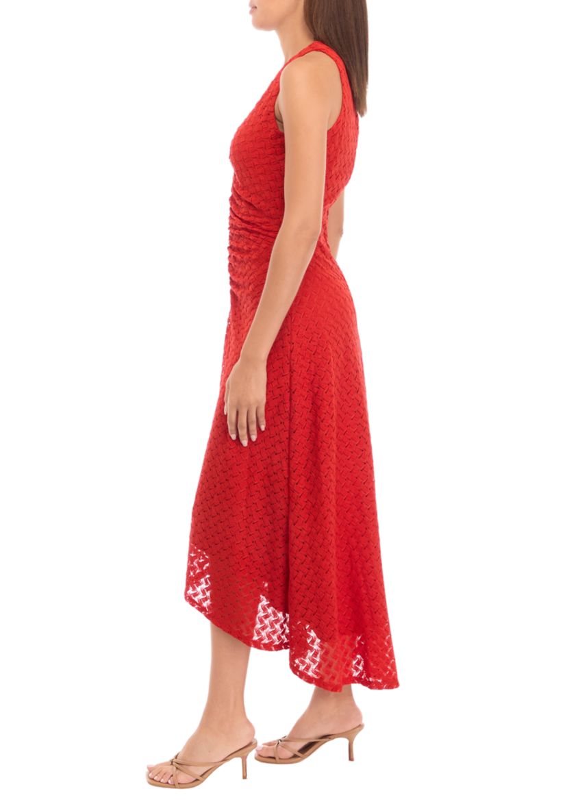 Womens Sleeveless Ruched Crochet Lace A-Line Dress