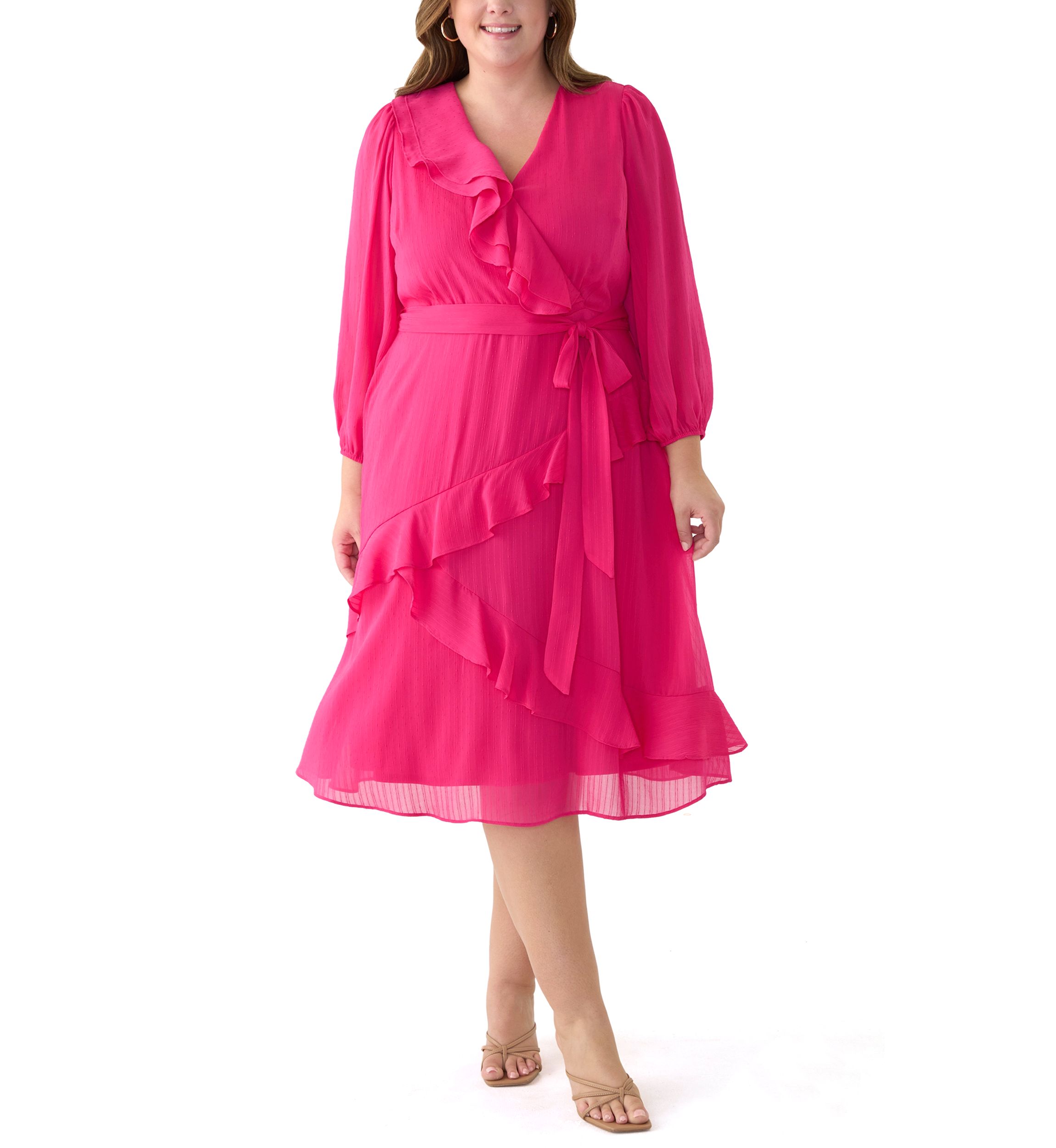 Plus Size Long Sleeve V-Neck Solid Ruffle Fit and Flare Dress