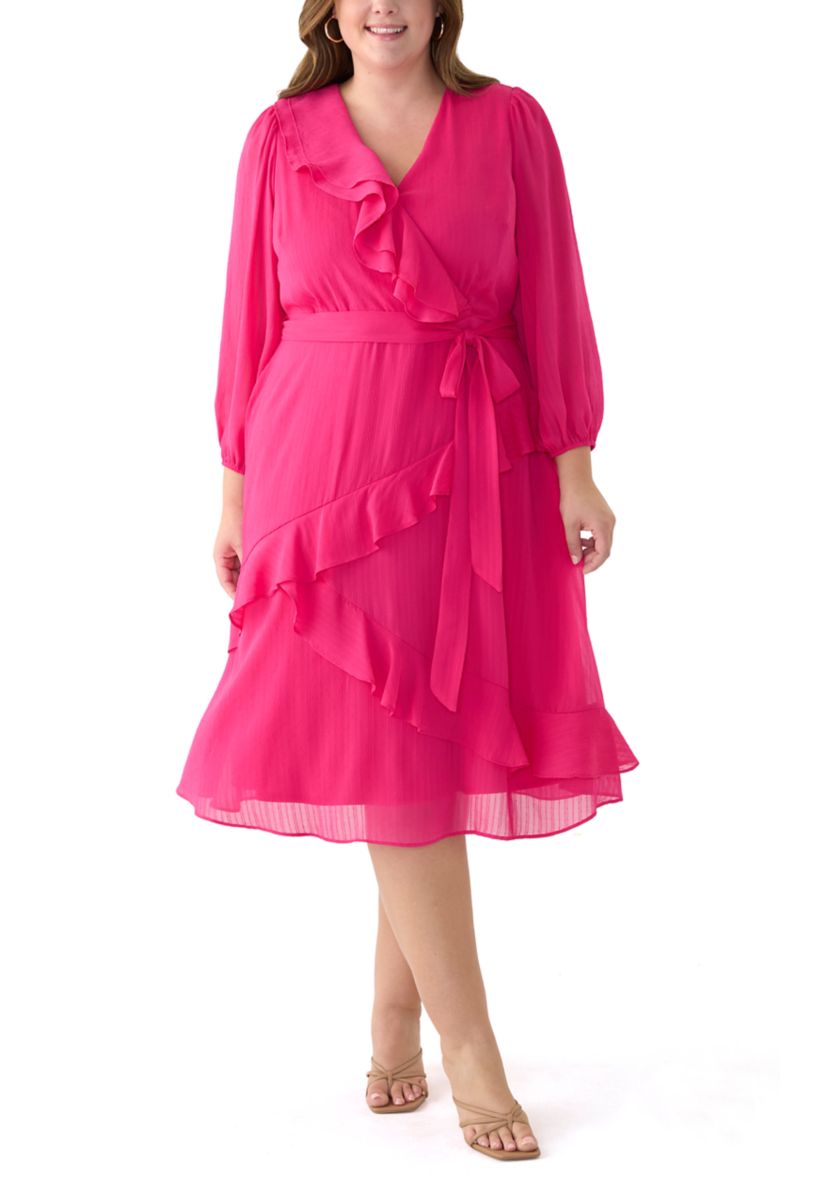 Plus Size Long Sleeve V-Neck Solid Ruffle Fit and Flare Dress