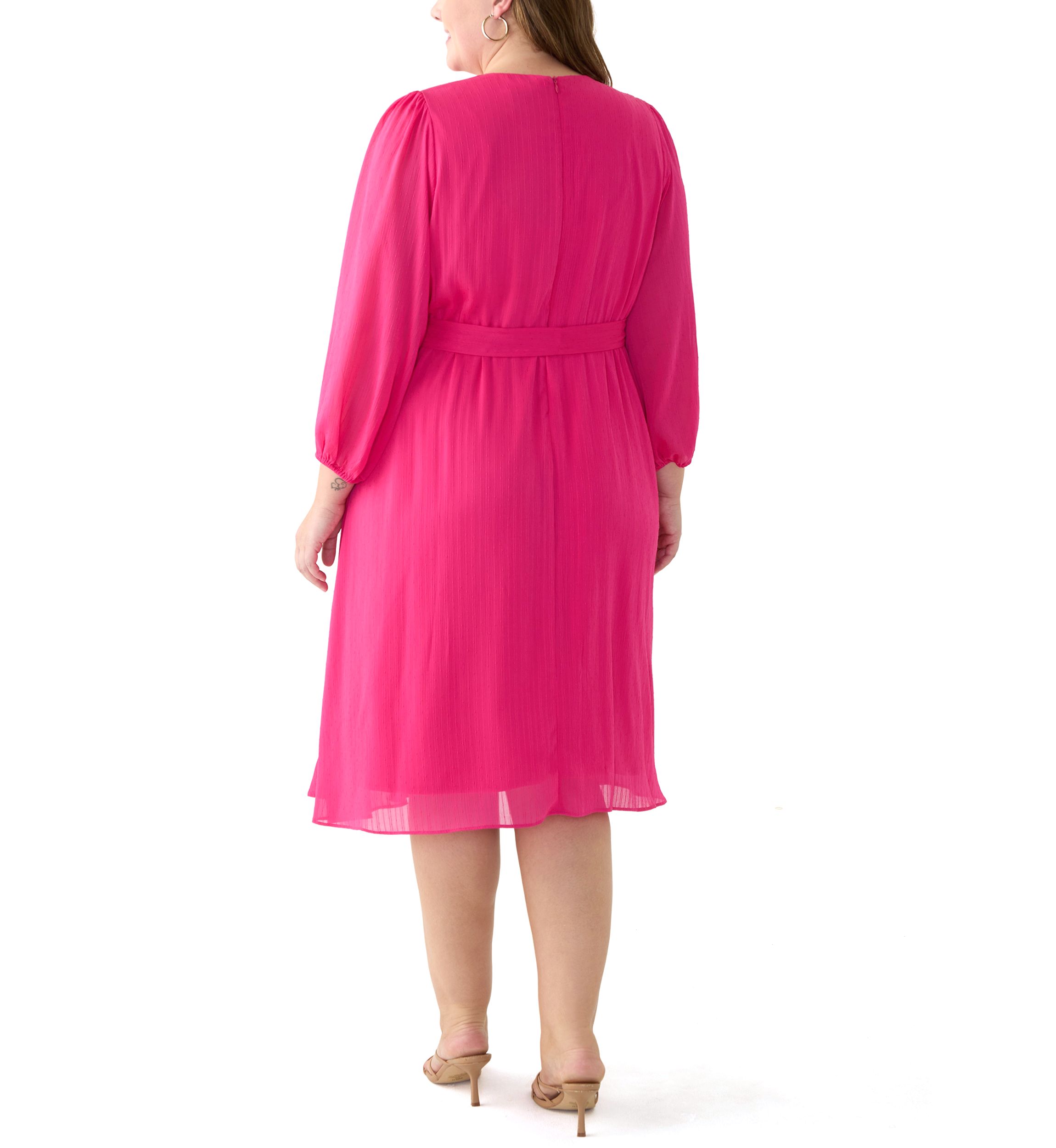 Plus Size Long Sleeve V-Neck Solid Ruffle Fit and Flare Dress