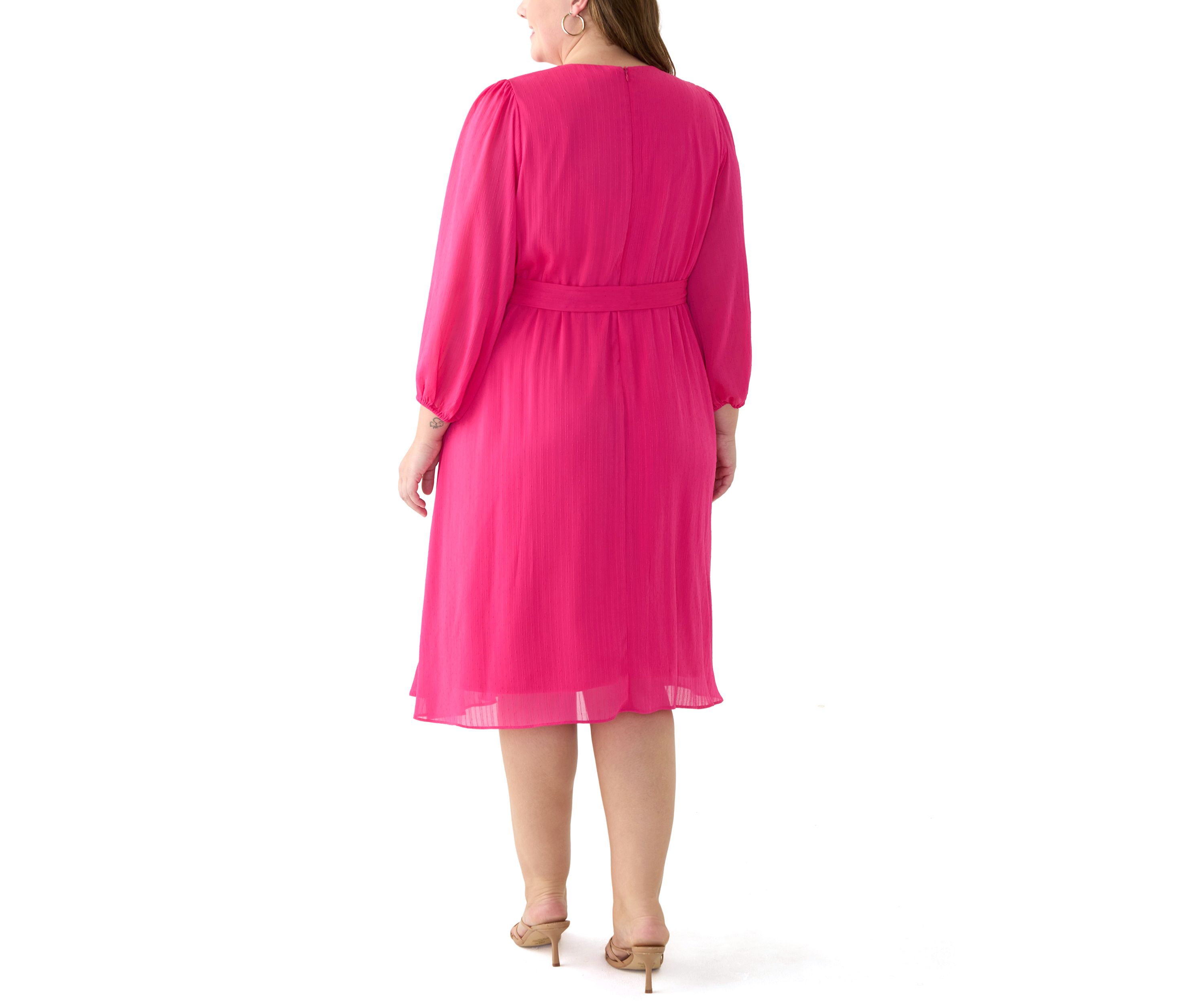 Plus Size Long Sleeve V-Neck Solid Ruffle Fit and Flare Dress