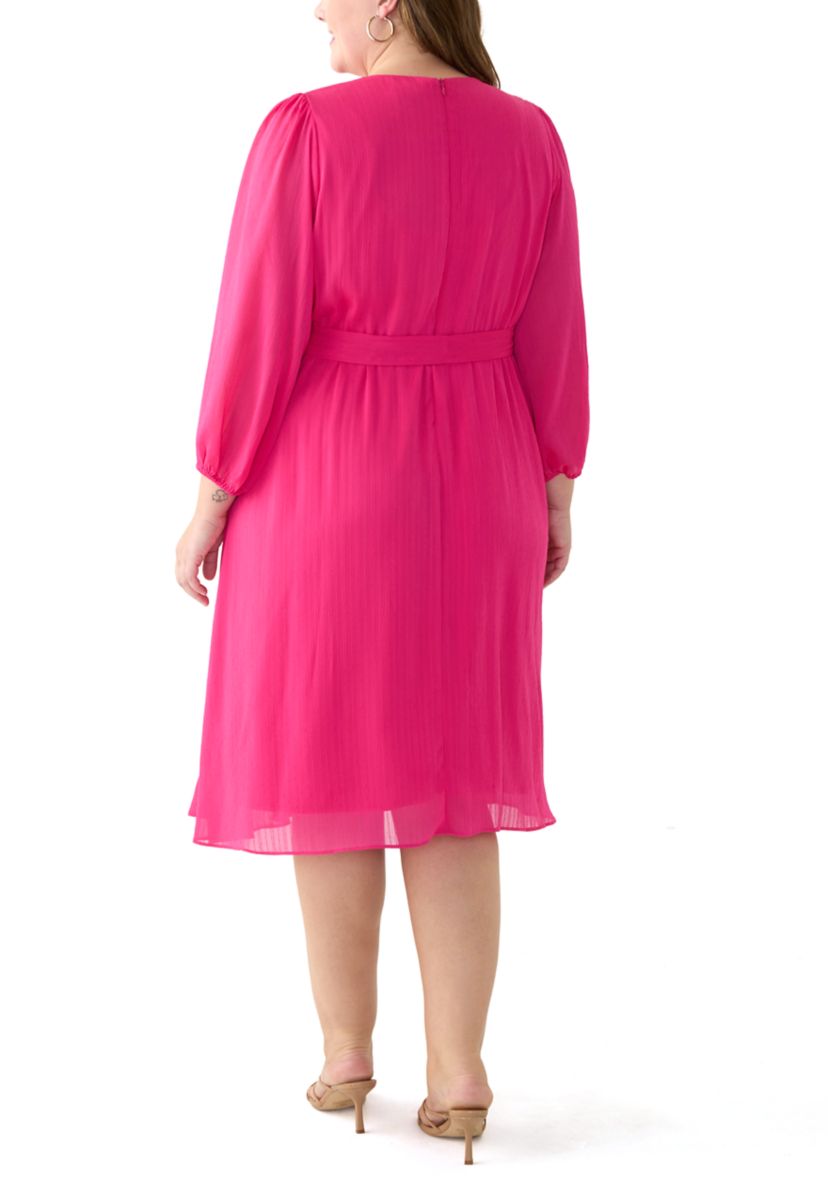 Plus Size Long Sleeve V-Neck Solid Ruffle Fit and Flare Dress