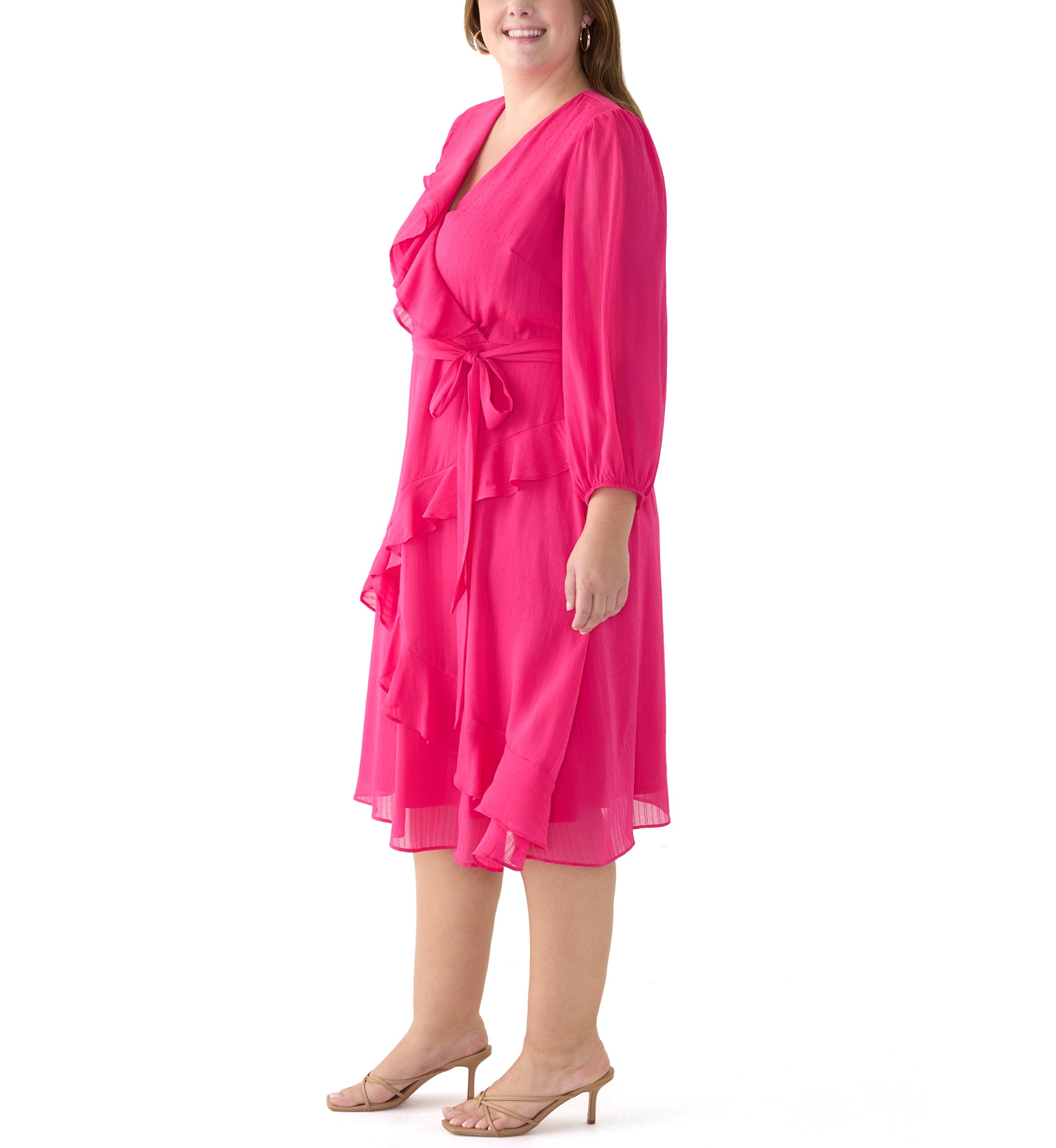 Plus Size Long Sleeve V-Neck Solid Ruffle Fit and Flare Dress