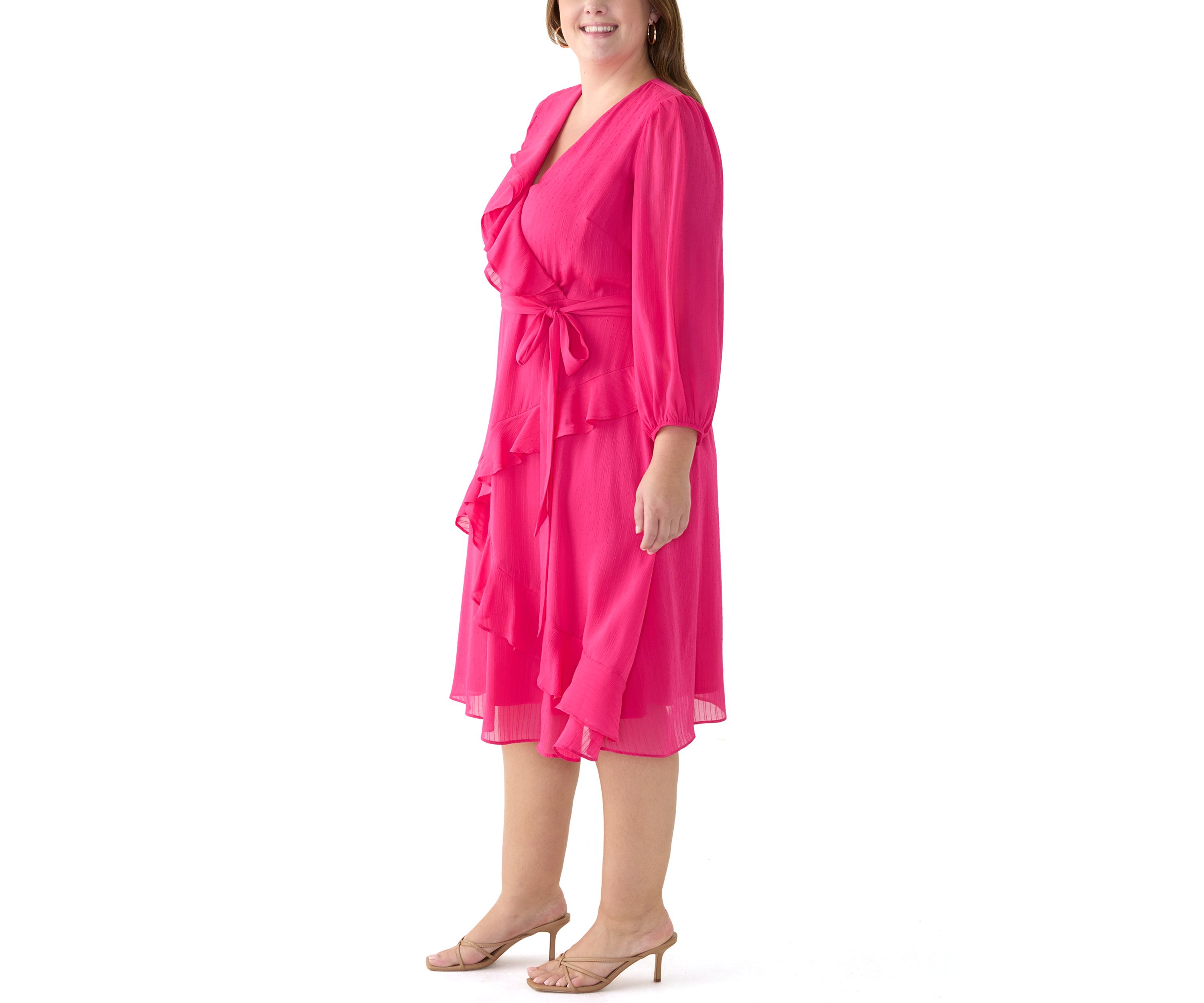 Plus Size Long Sleeve V-Neck Solid Ruffle Fit and Flare Dress
