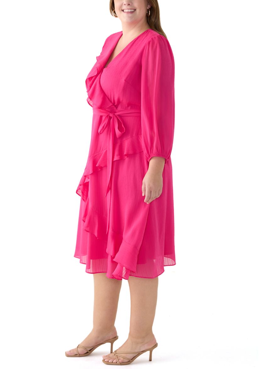 Plus Size Long Sleeve V-Neck Solid Ruffle Fit and Flare Dress