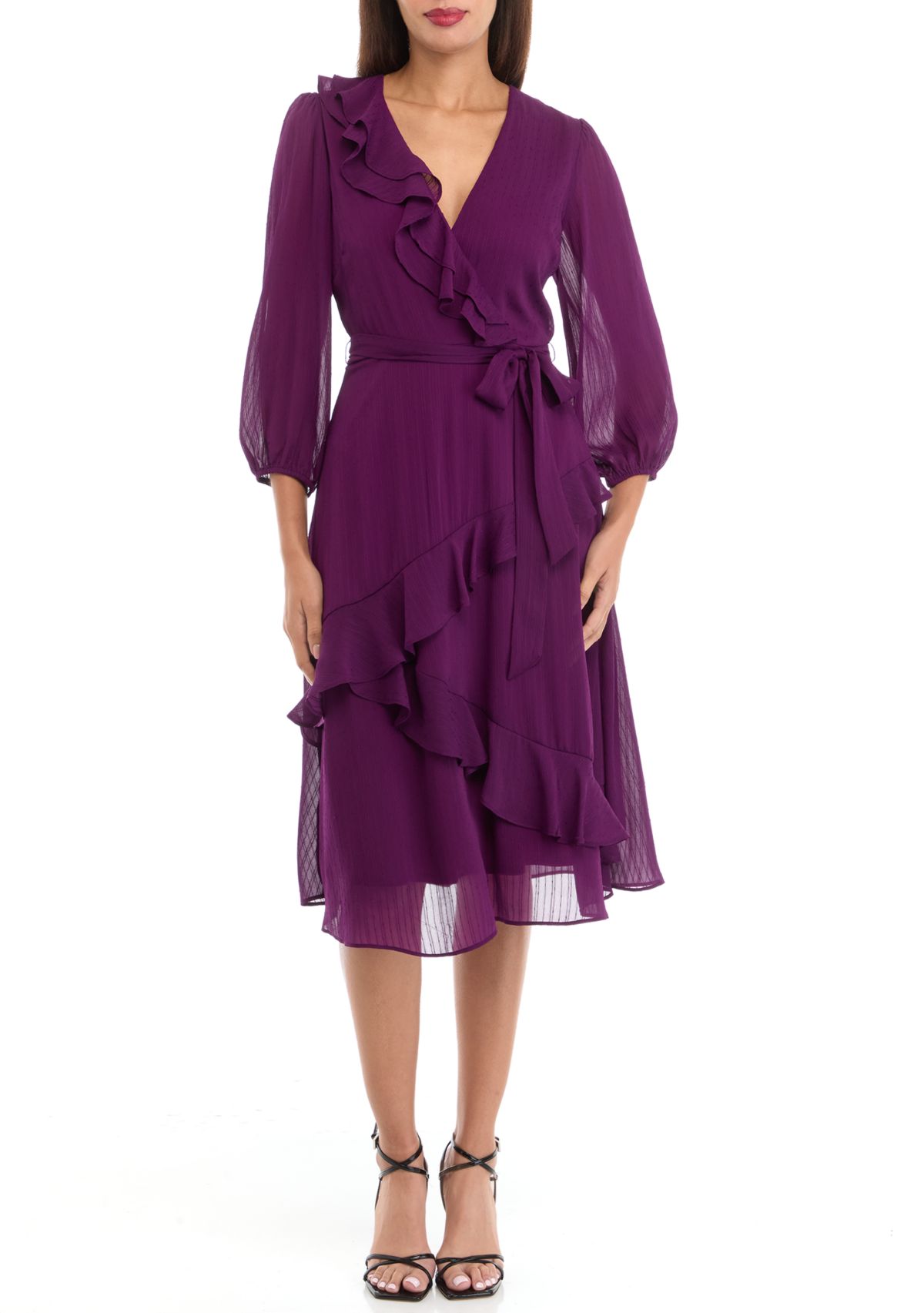 Womens 3/4 Sleeve V-Neck Solid Chiffon Fit and Flare Dress