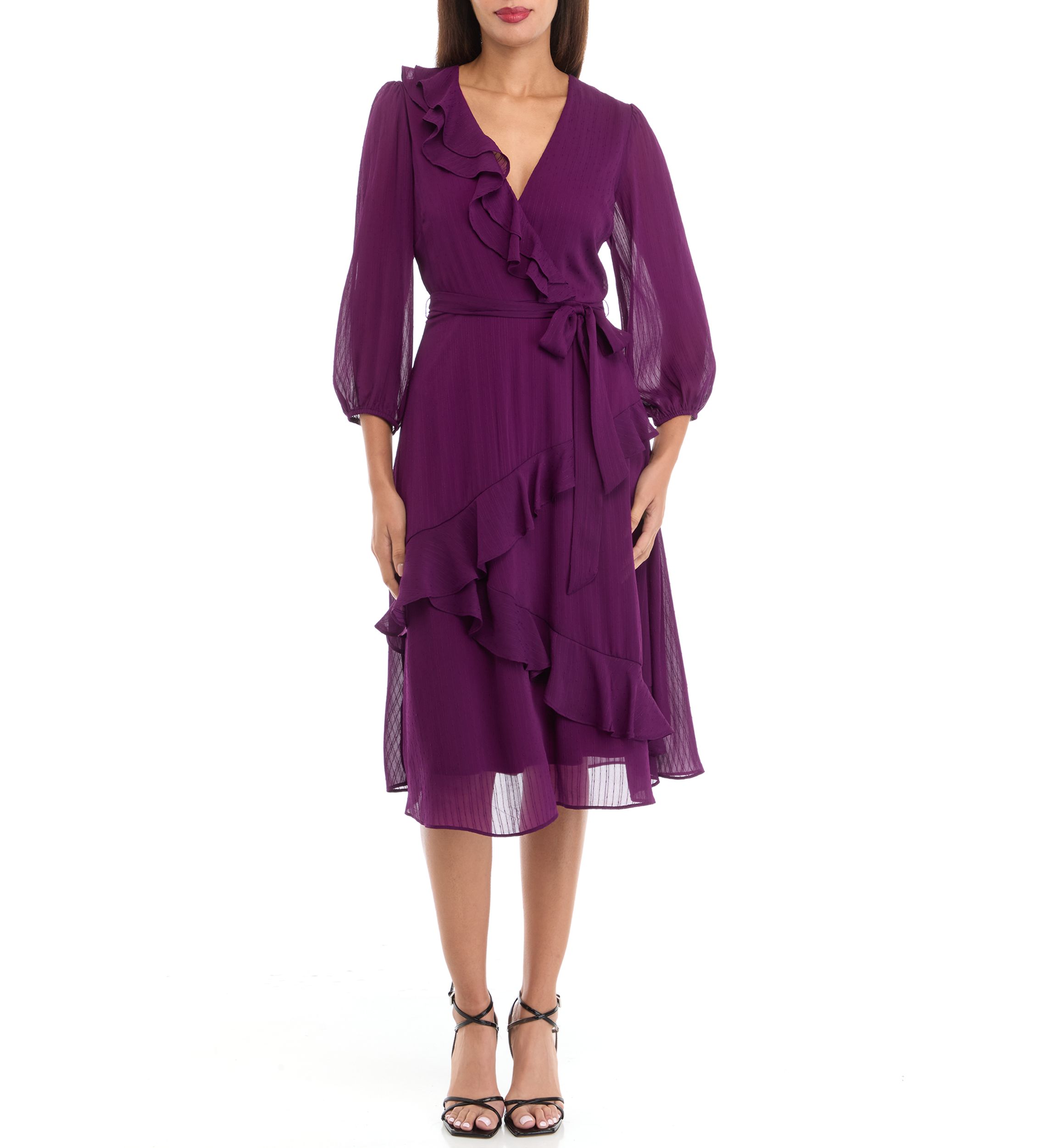Womens 3/4 Sleeve V-Neck Solid Chiffon Fit and Flare Dress