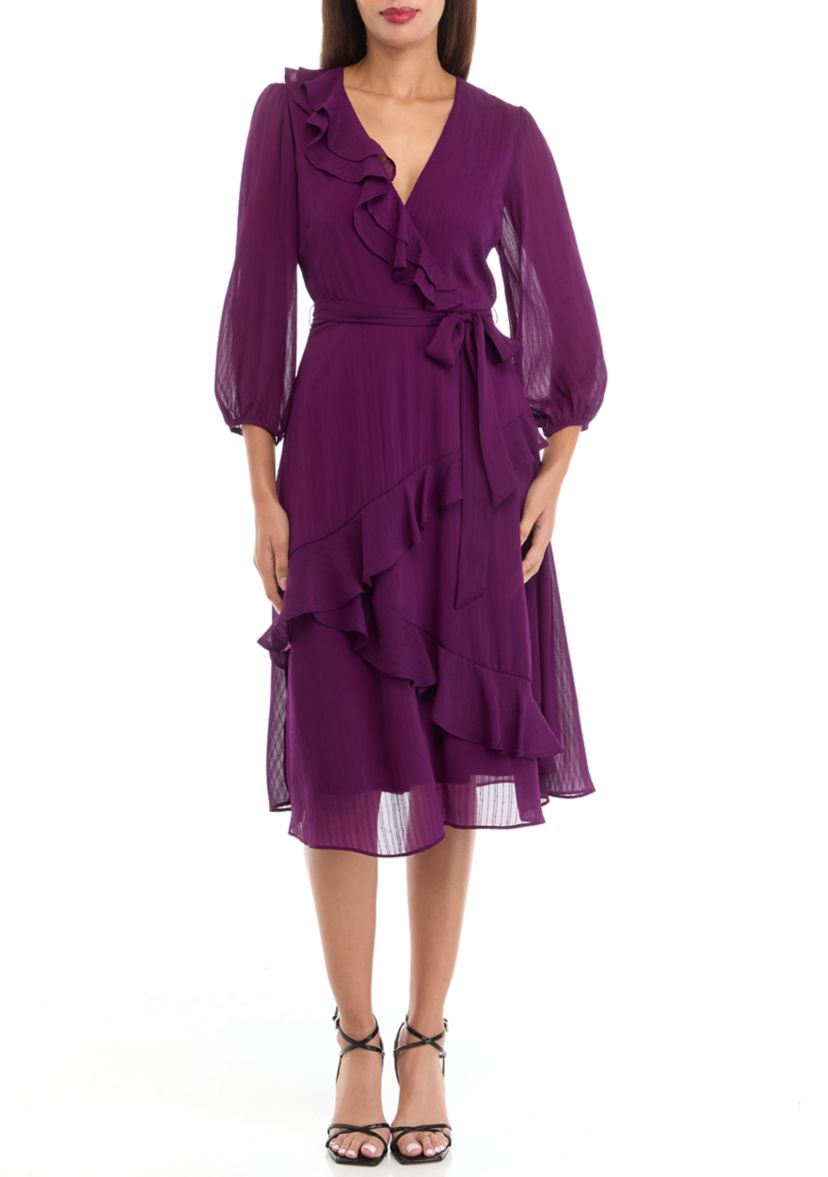 Womens 3/4 Sleeve V-Neck Solid Chiffon Fit and Flare Dress