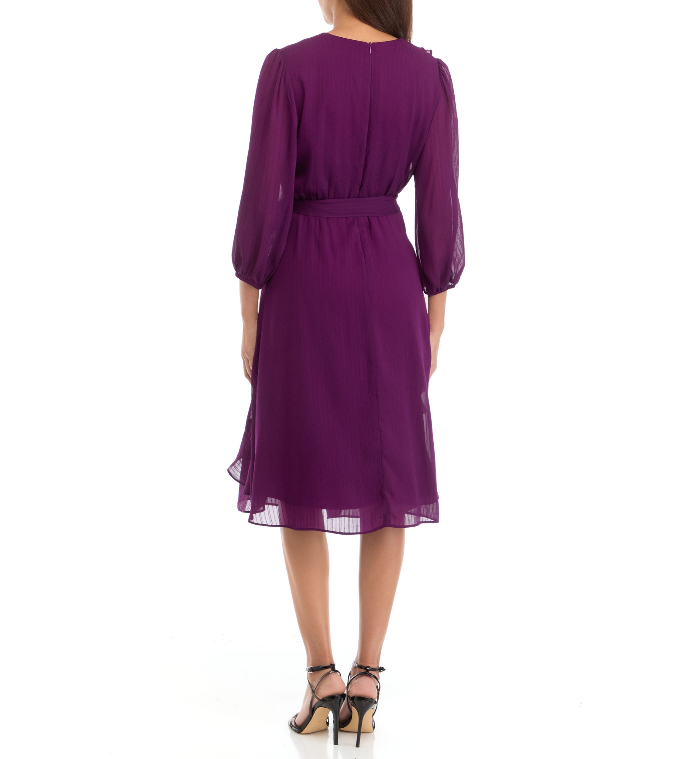 Womens 3/4 Sleeve V-Neck Solid Chiffon Fit and Flare Dress