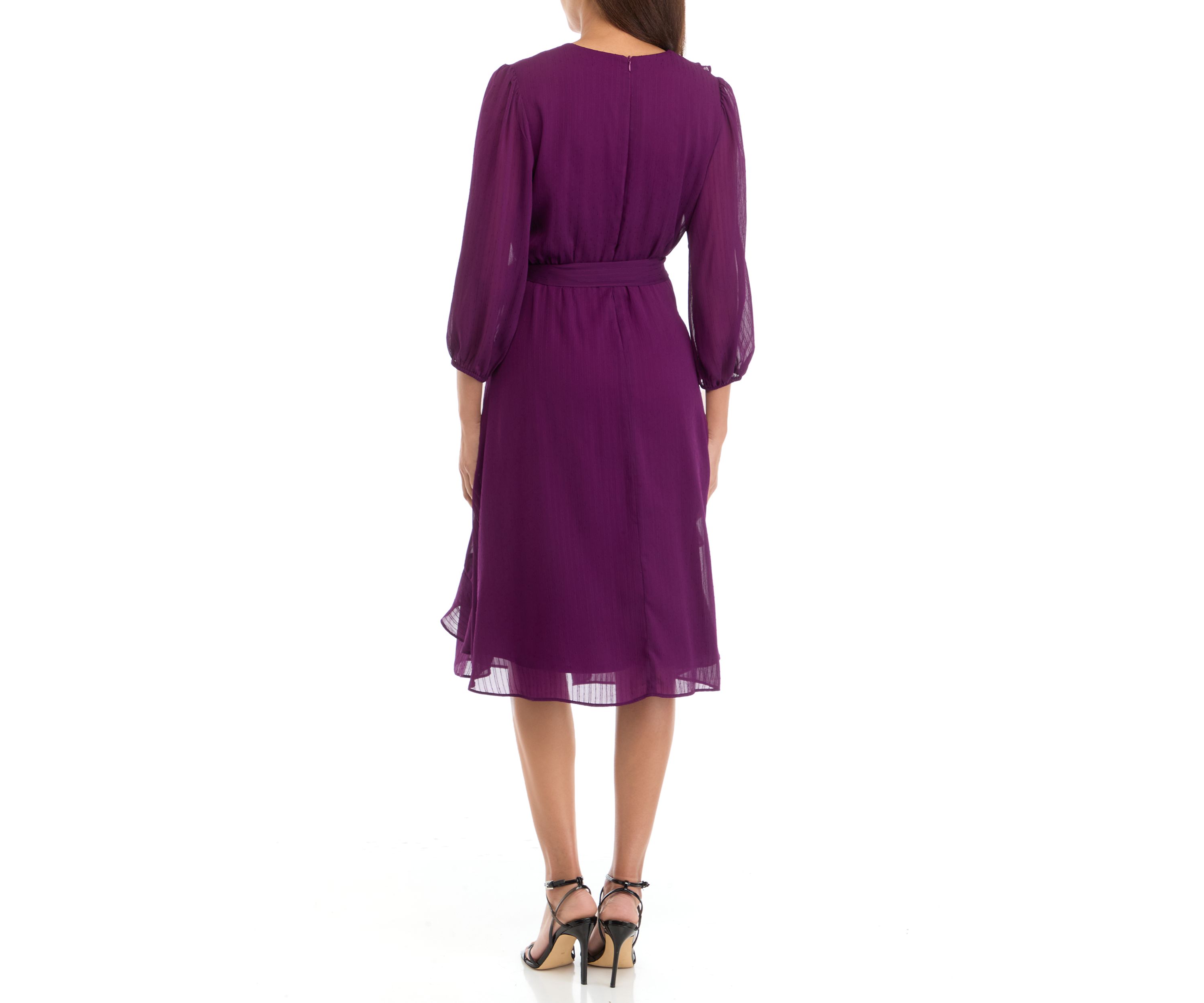 Womens 3/4 Sleeve V-Neck Solid Chiffon Fit and Flare Dress
