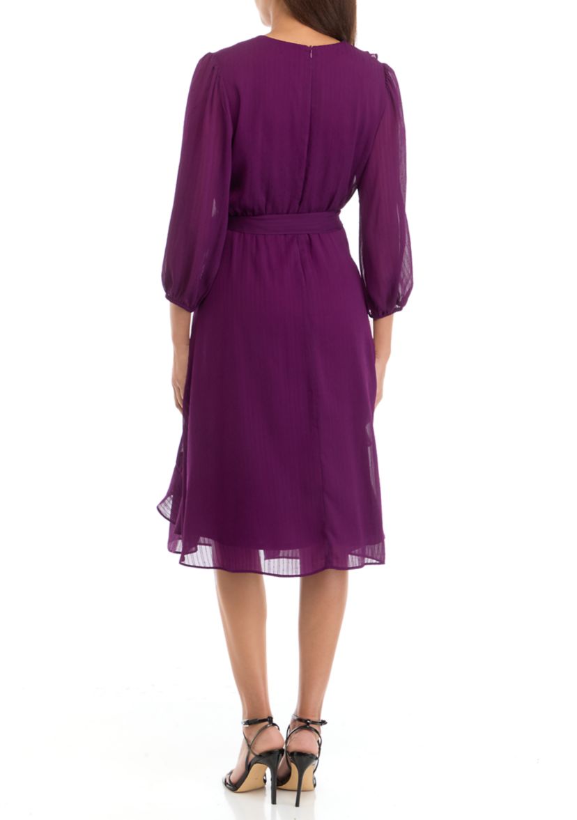 Womens 3/4 Sleeve V-Neck Solid Chiffon Fit and Flare Dress