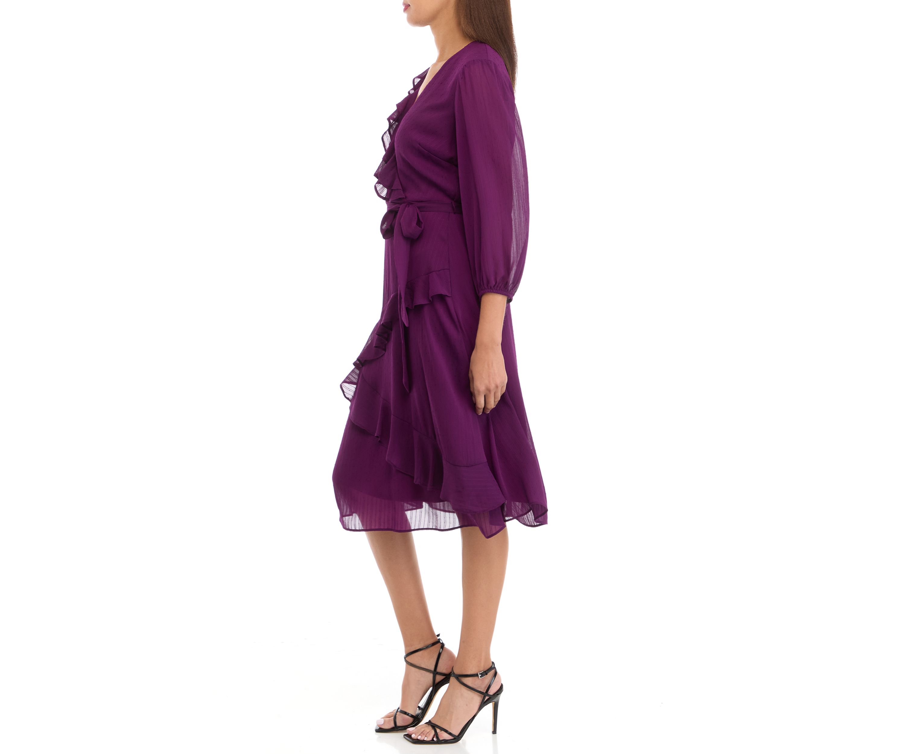 Womens 3/4 Sleeve V-Neck Solid Chiffon Fit and Flare Dress