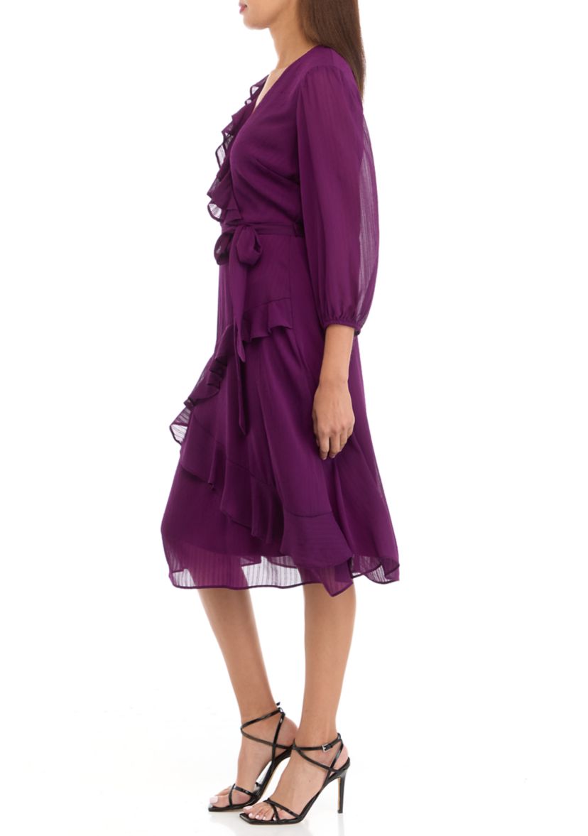 Womens 3/4 Sleeve V-Neck Solid Chiffon Fit and Flare Dress