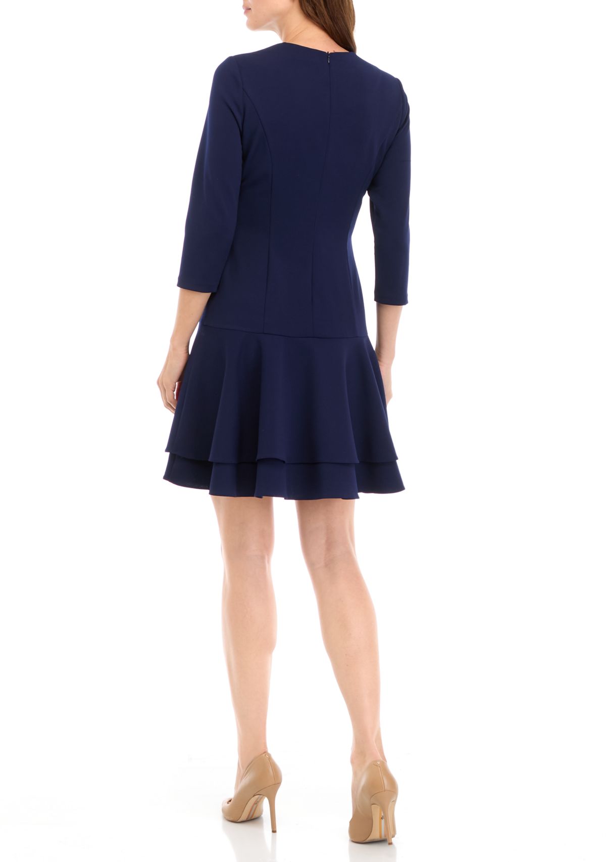 Womens 3/4 Sleeve Crew Neck Solid Ruffle Hem Fit and Flare Dress