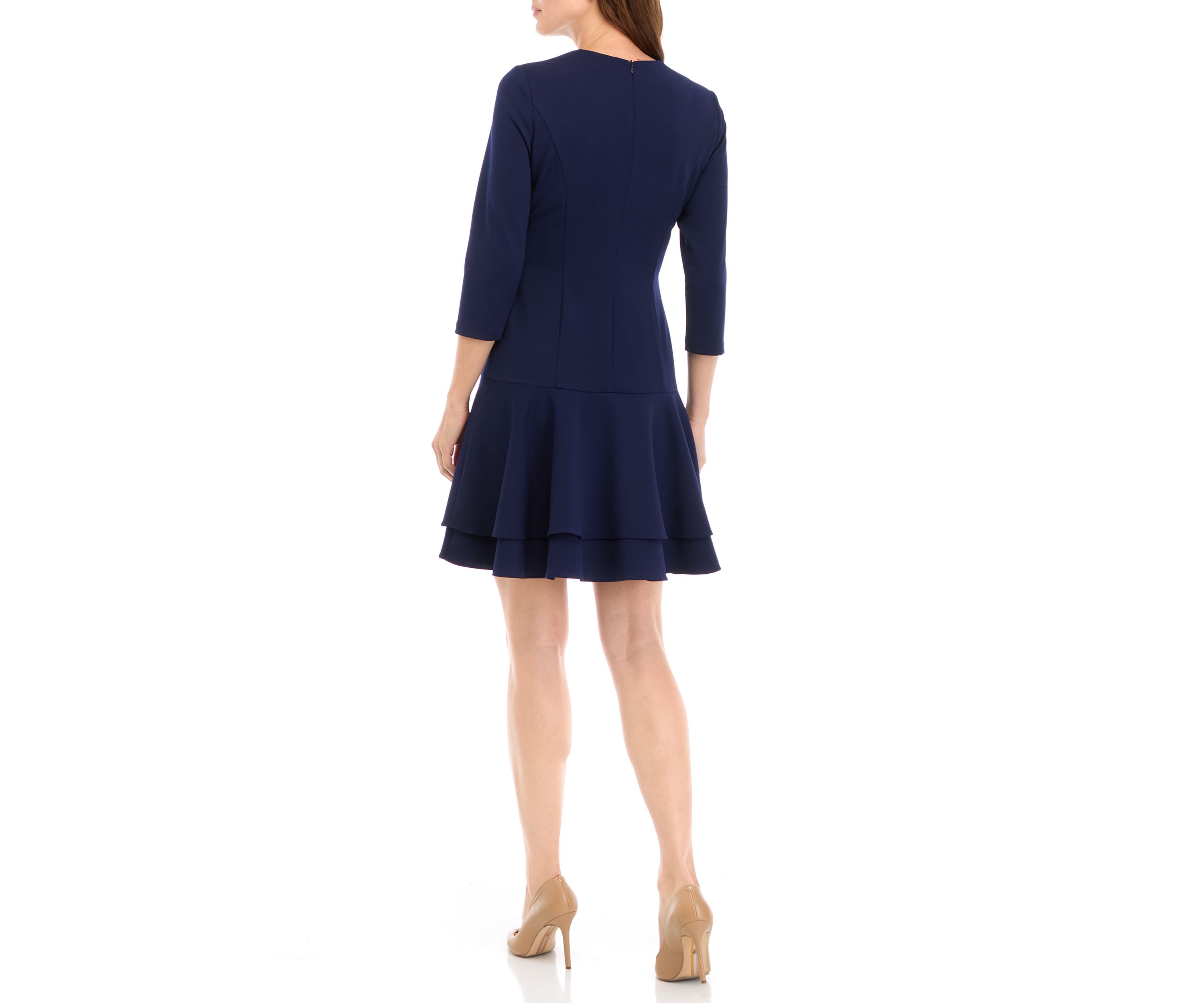 Womens 3/4 Sleeve Crew Neck Solid Ruffle Hem Fit and Flare Dress