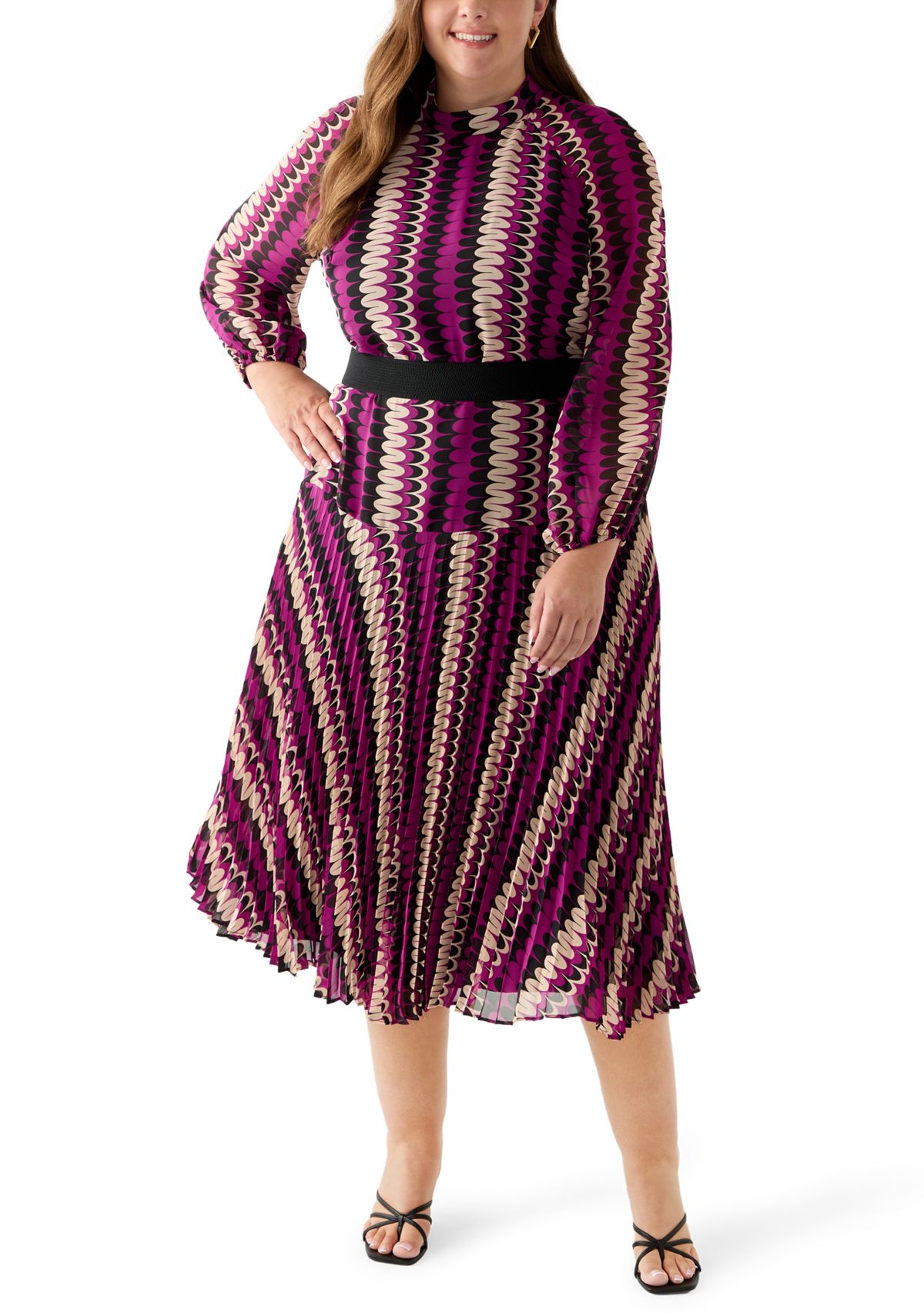Plus Size Mock Neck Printed Chiffon Dress