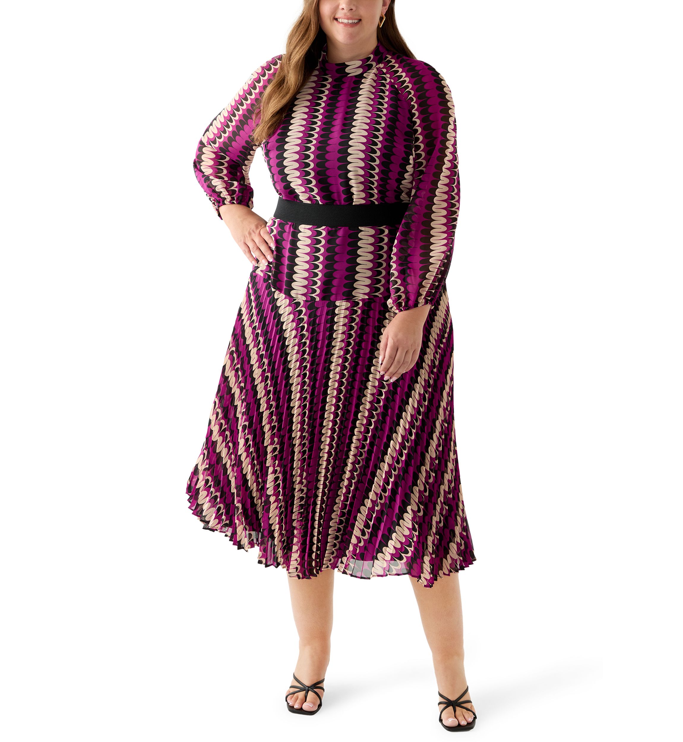Plus Size Mock Neck Printed Chiffon Dress