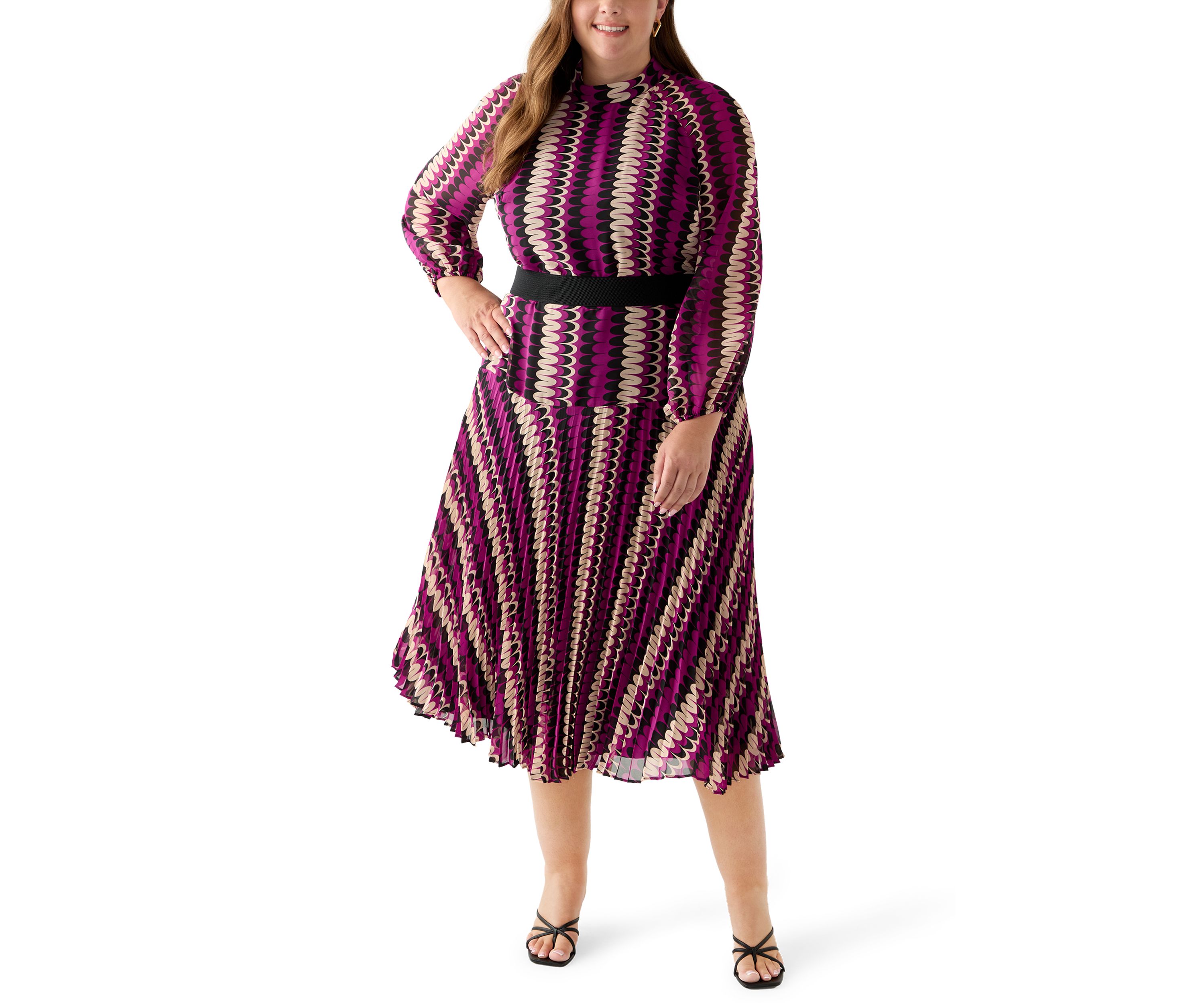 Plus Size Mock Neck Printed Chiffon Dress