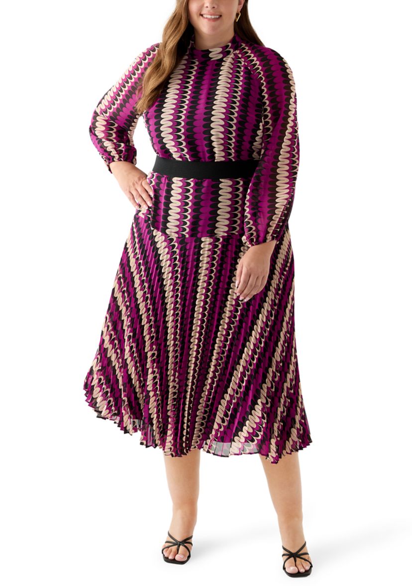 Plus Size Mock Neck Printed Chiffon Dress