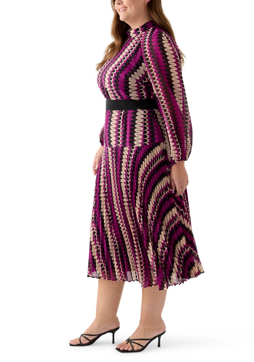 Plus Size Mock Neck Printed Chiffon Dress