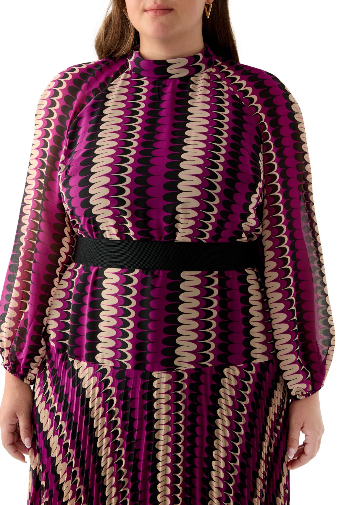 Plus Size Mock Neck Printed Chiffon Dress