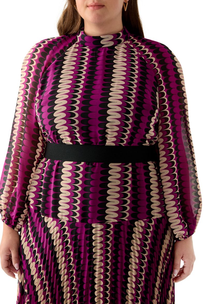 Plus Size Mock Neck Printed Chiffon Dress