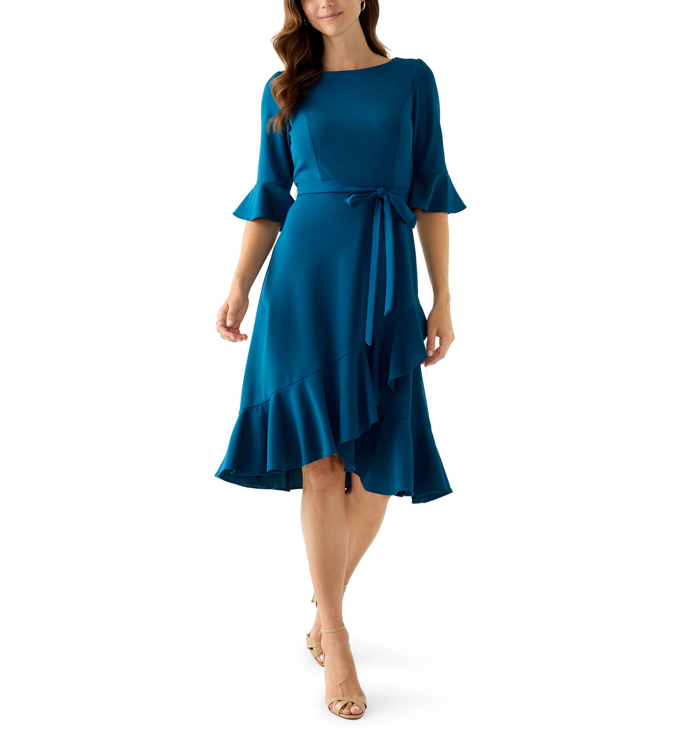 Womens Bell Sleeve Scuba Fit-and-Flare Dress