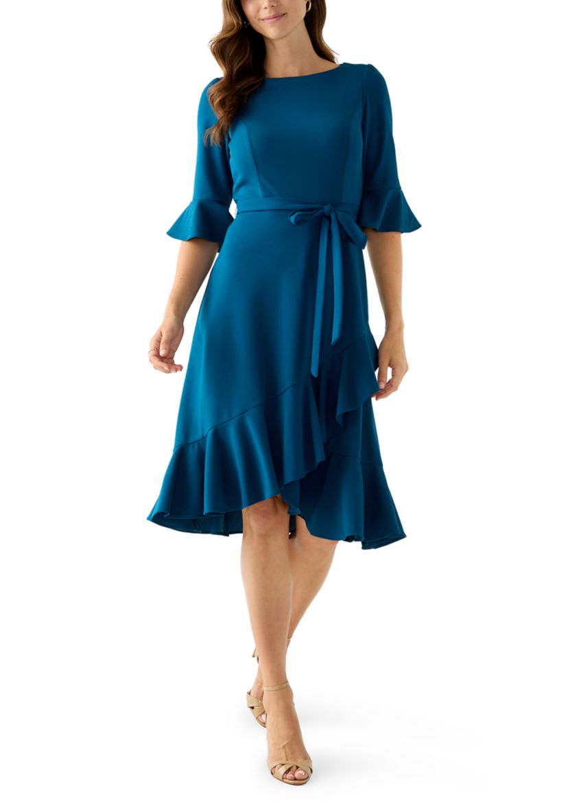 Womens Bell Sleeve Scuba Fit-and-Flare Dress