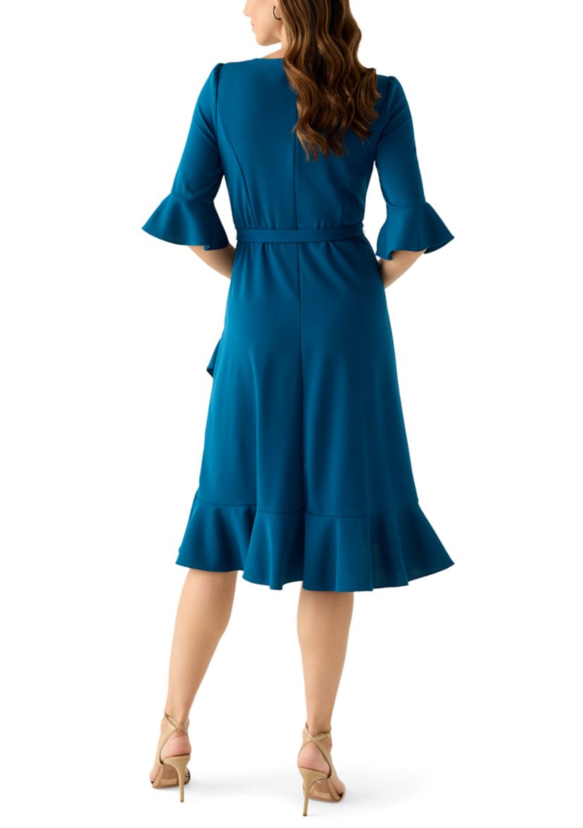 Womens Bell Sleeve Scuba Fit-and-Flare Dress