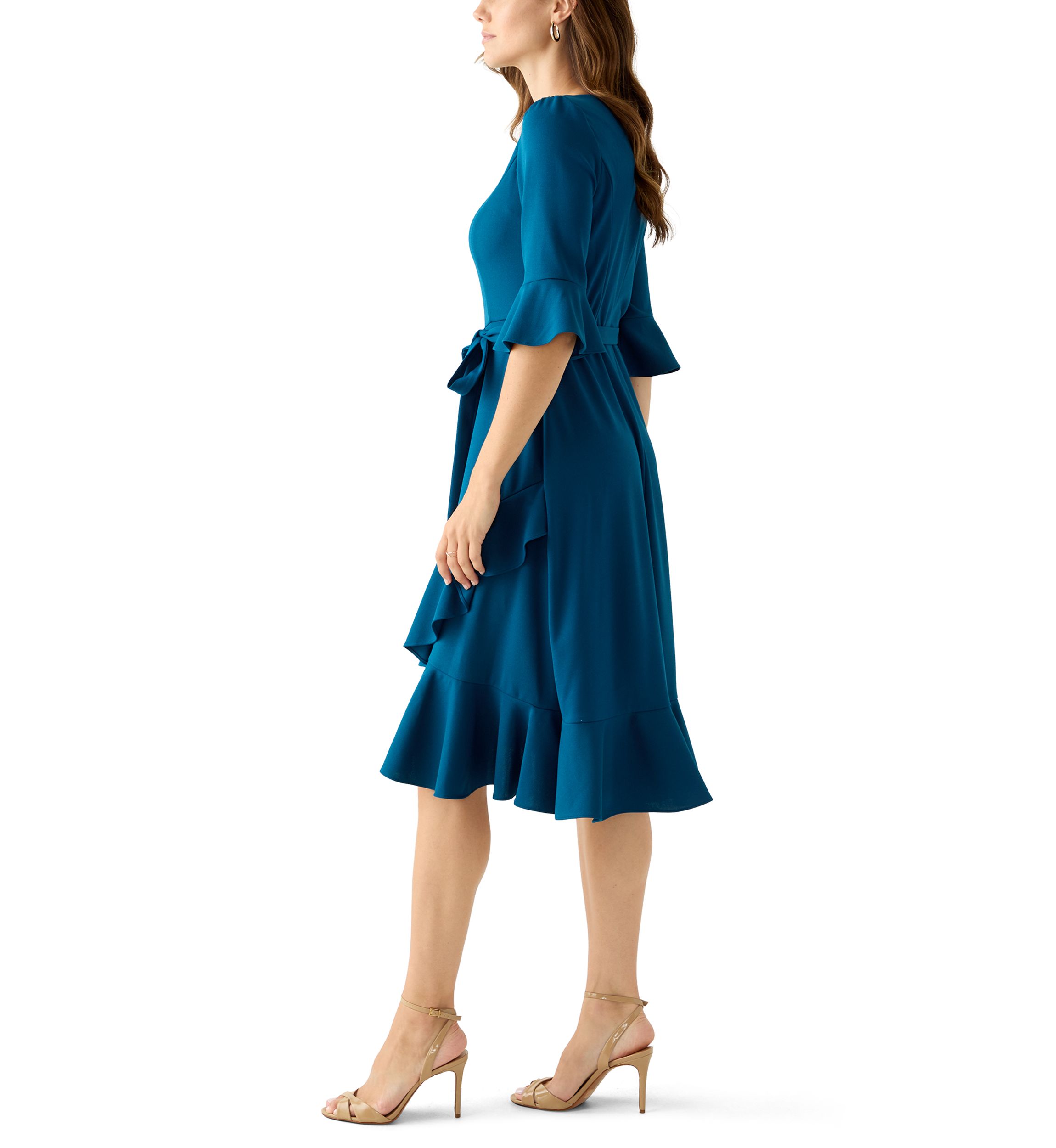 Womens Bell Sleeve Scuba Fit-and-Flare Dress