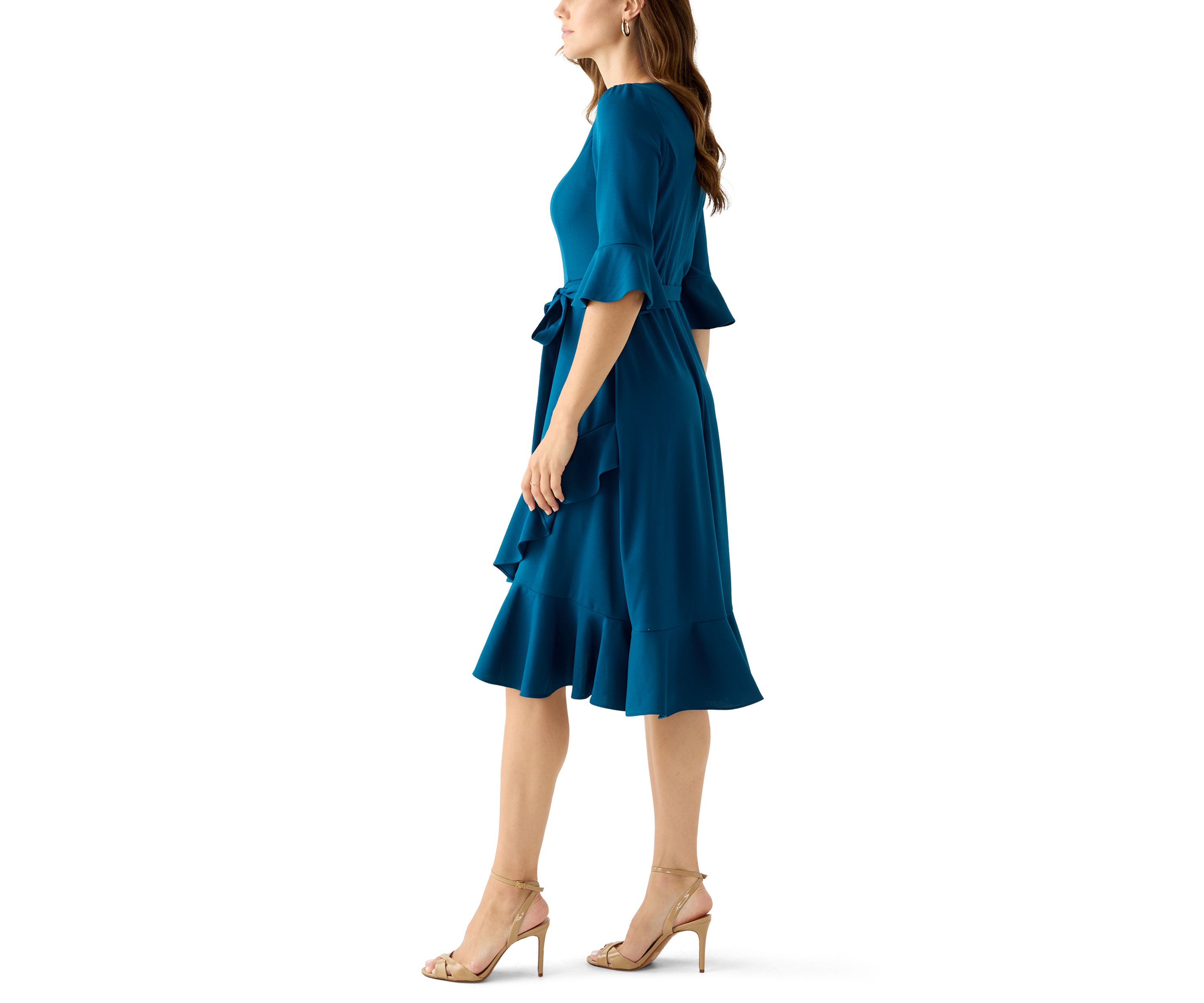 Womens Bell Sleeve Scuba Fit-and-Flare Dress