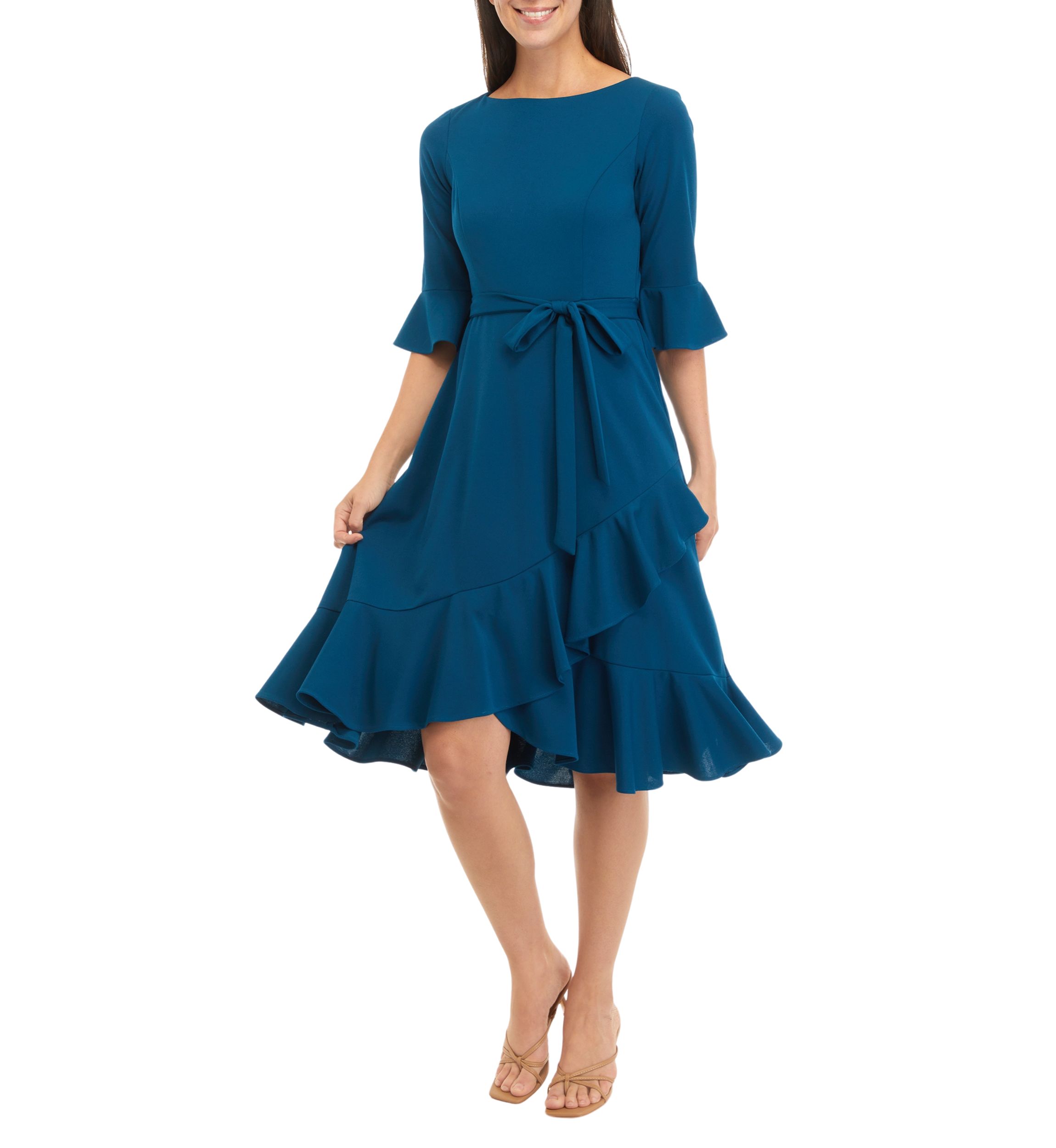 Womens Bell Sleeve Ruffle Crepe Fit and Flare Dress