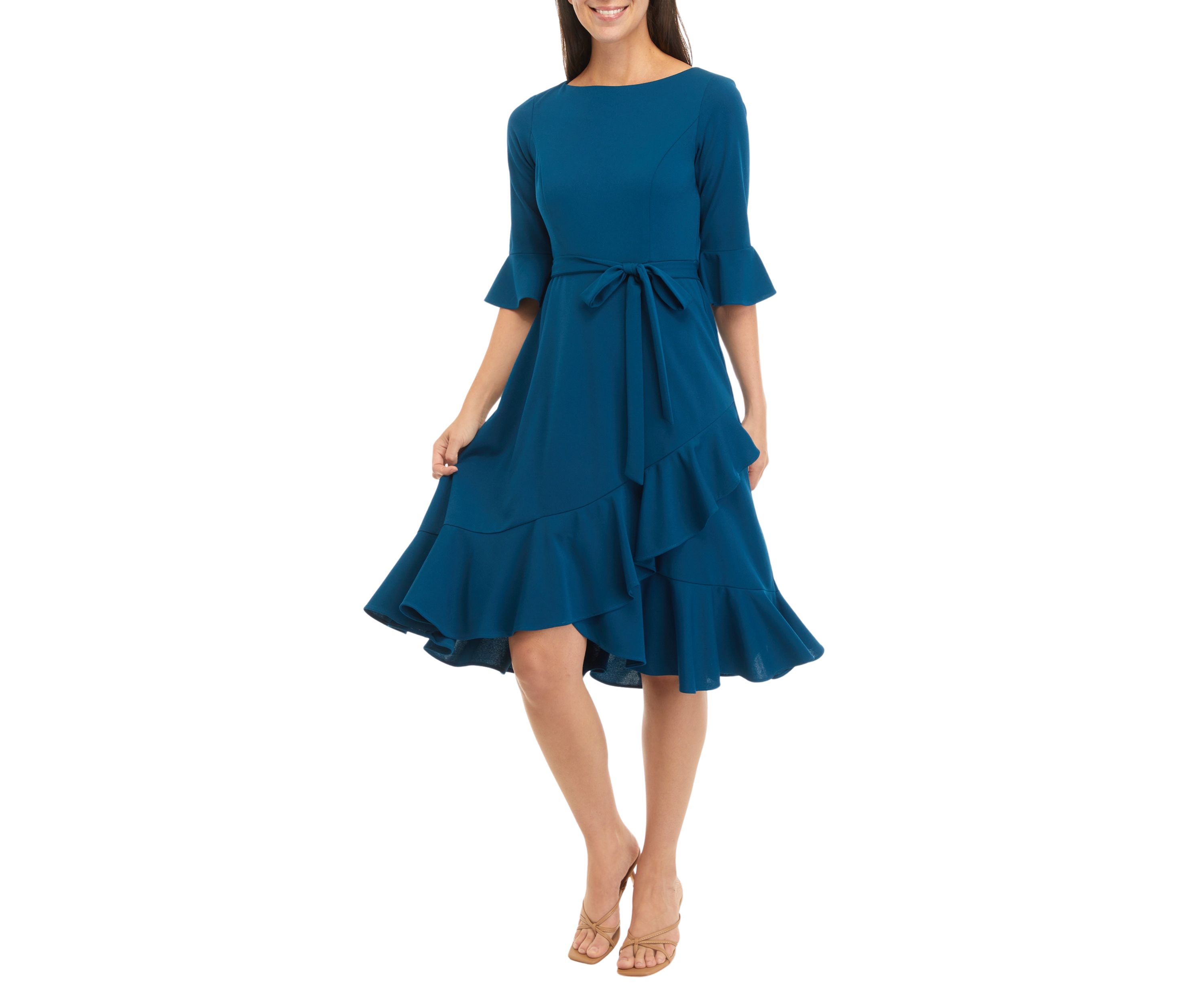 Womens Bell Sleeve Ruffle Crepe Fit and Flare Dress