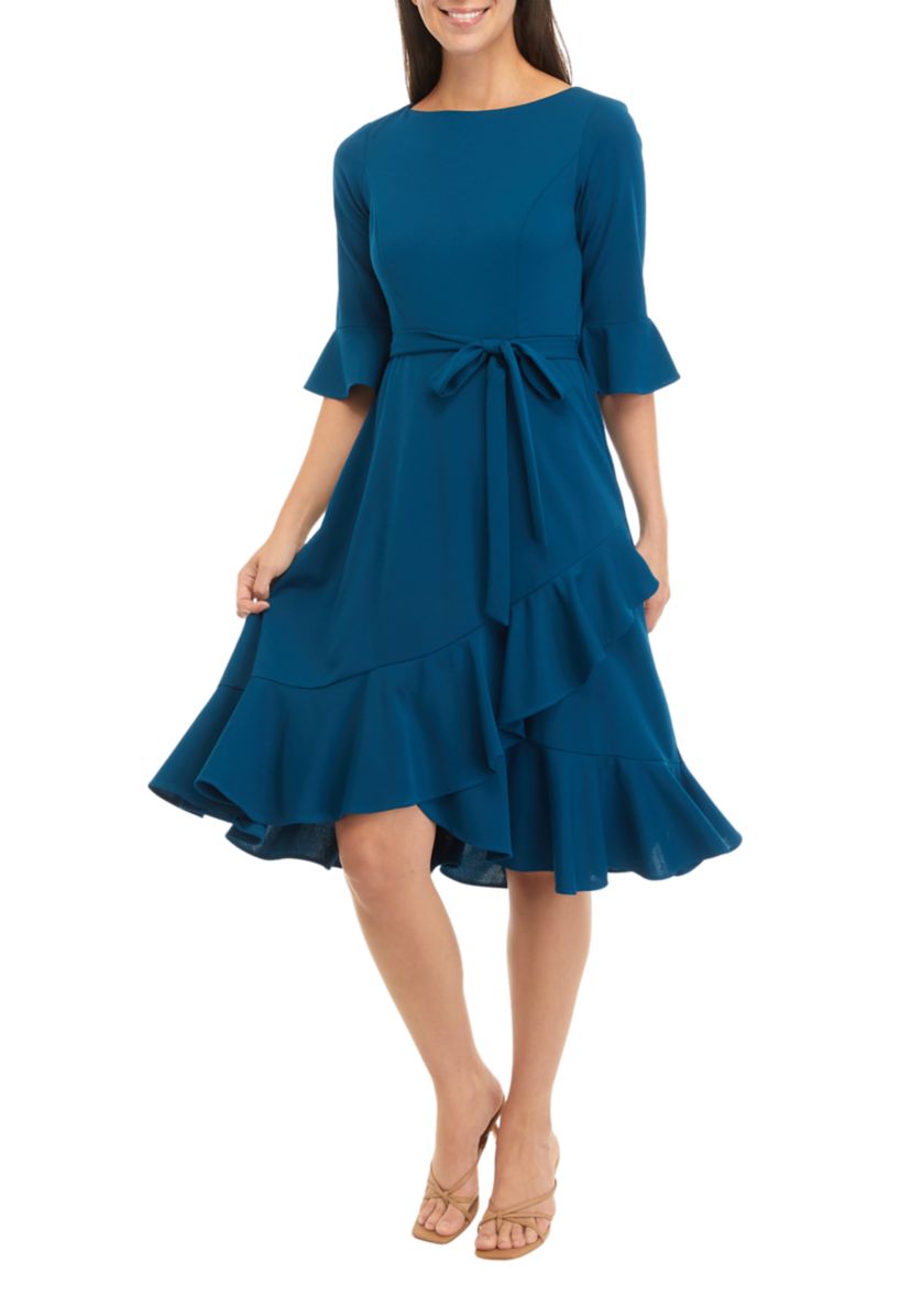 Womens Bell Sleeve Ruffle Crepe Fit and Flare Dress