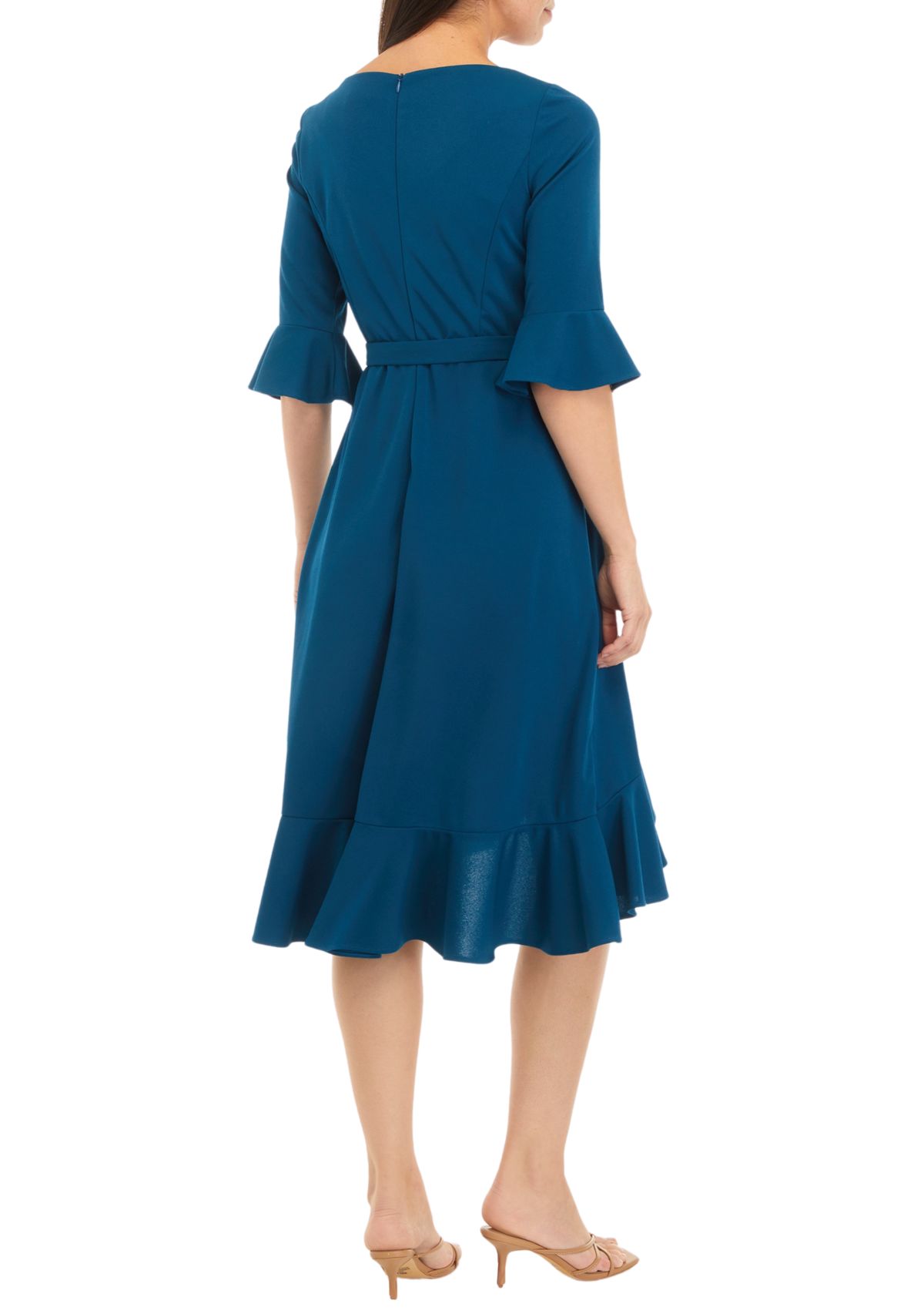 Womens Bell Sleeve Ruffle Crepe Fit and Flare Dress