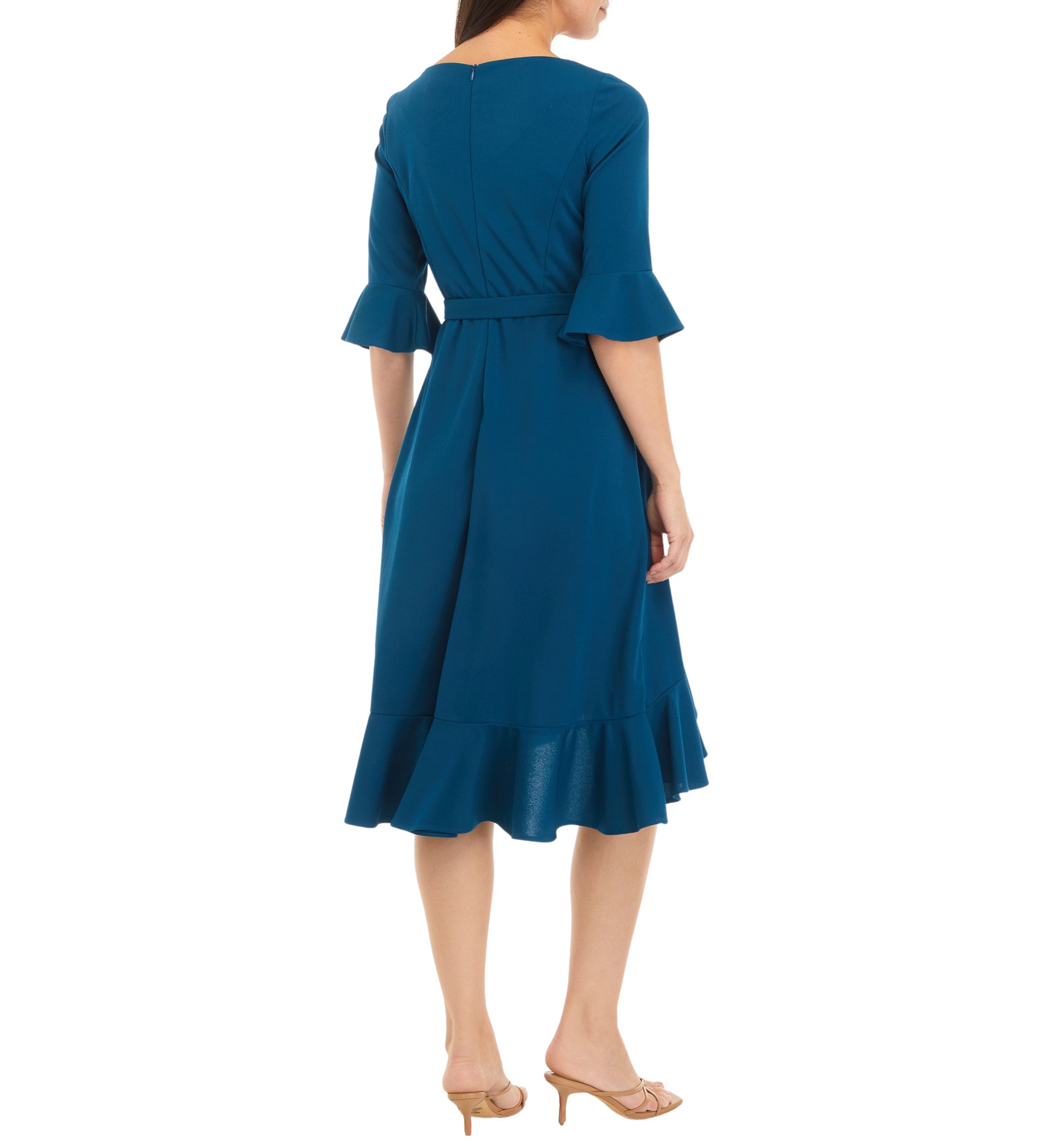 Womens Bell Sleeve Ruffle Crepe Fit and Flare Dress