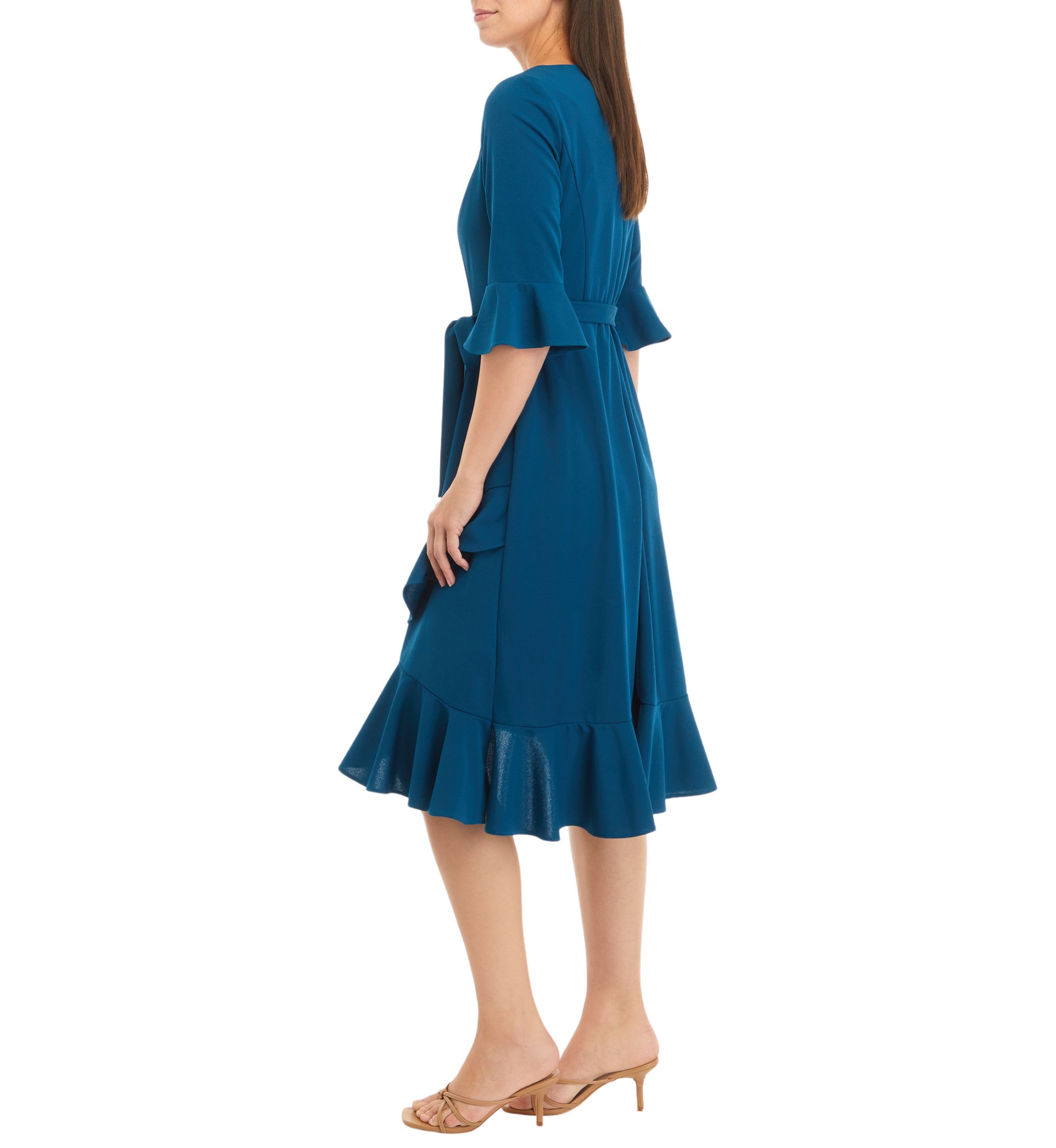 Womens Bell Sleeve Ruffle Crepe Fit and Flare Dress